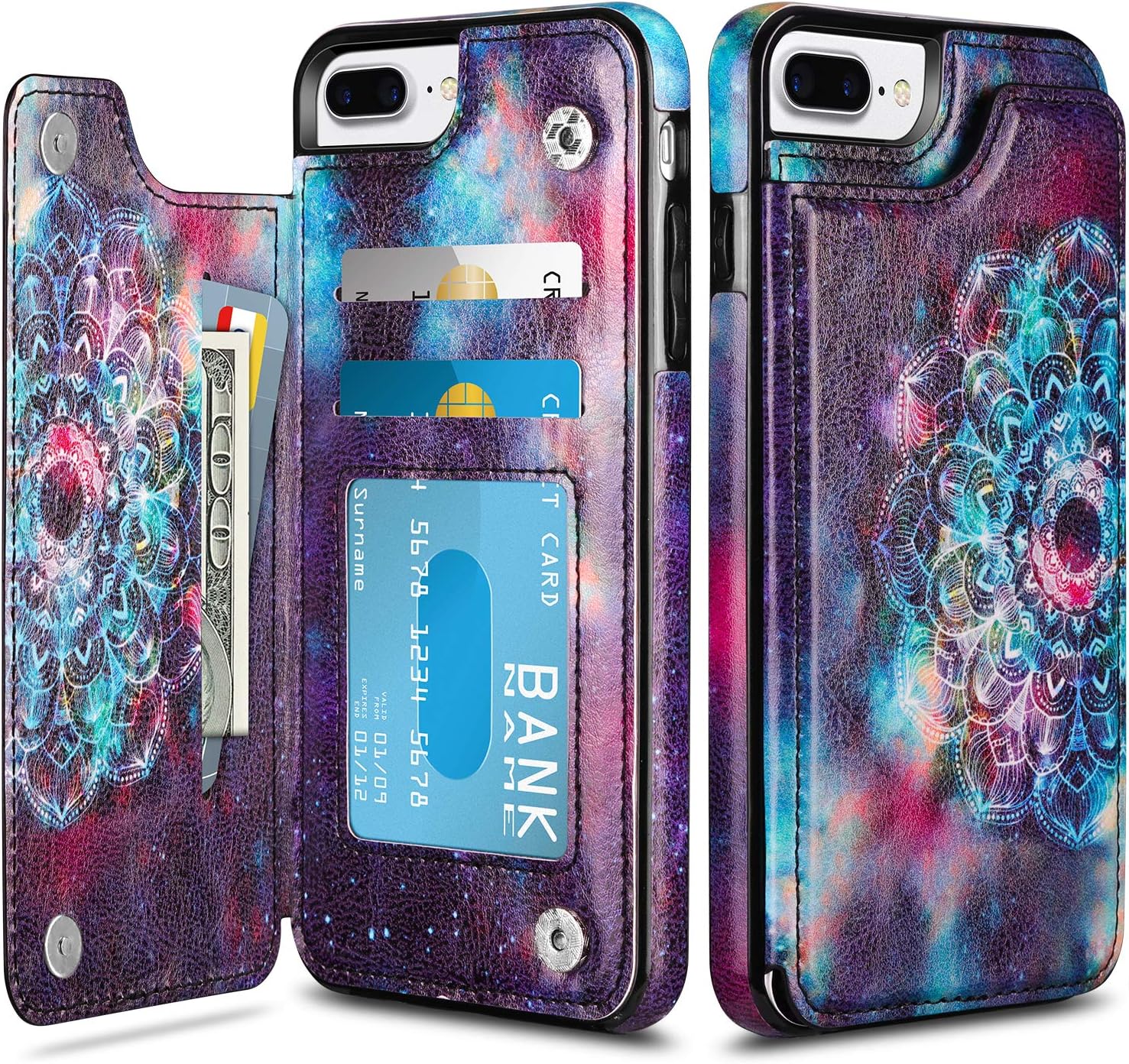 HianDier Wallet Case for iPhone 8 Plus 7 Plus Slim Protective Case with Credit Card Slot Holder Flip Soft PU Leather Magnetic Closure Cover Compatible with iPhone 7 Plus 8 Plus 6 Plus 6s Plus, Mandala