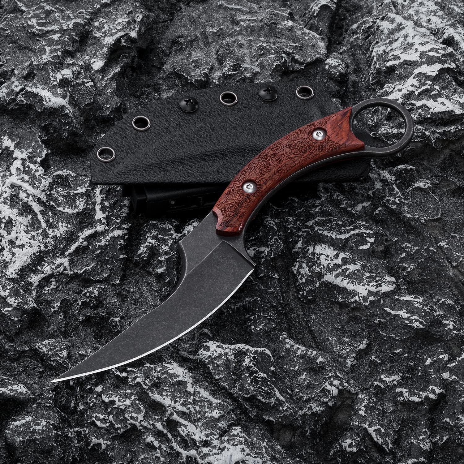 Fixed Blade Knife, 440C Blade Wooden engrave handle, Tactical EDC sharp Claw Knife Elegent Cool Knives, Utility Knife for Outdoor Survival Hiking Camping with Kydex Sheath OK1015 (Black)