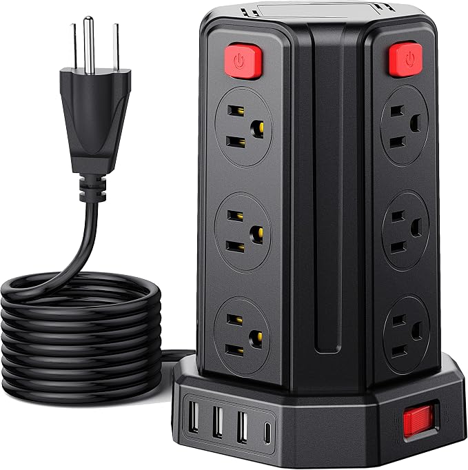 Power Strip Surge Protector, 10 Ft Extension Cord with 12 AC Multiple Outlets 4 USB (1 USB C), SMALLRT Power Tower Desktop Charging Station