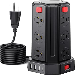 Power Strip Surge Protector, 10 Ft Extension Cord with 12 AC Multiple Outlets 4 USB (1 USB C), SMALLRT Power Tower Desktop Charging Station (Black, 16.4 FT)