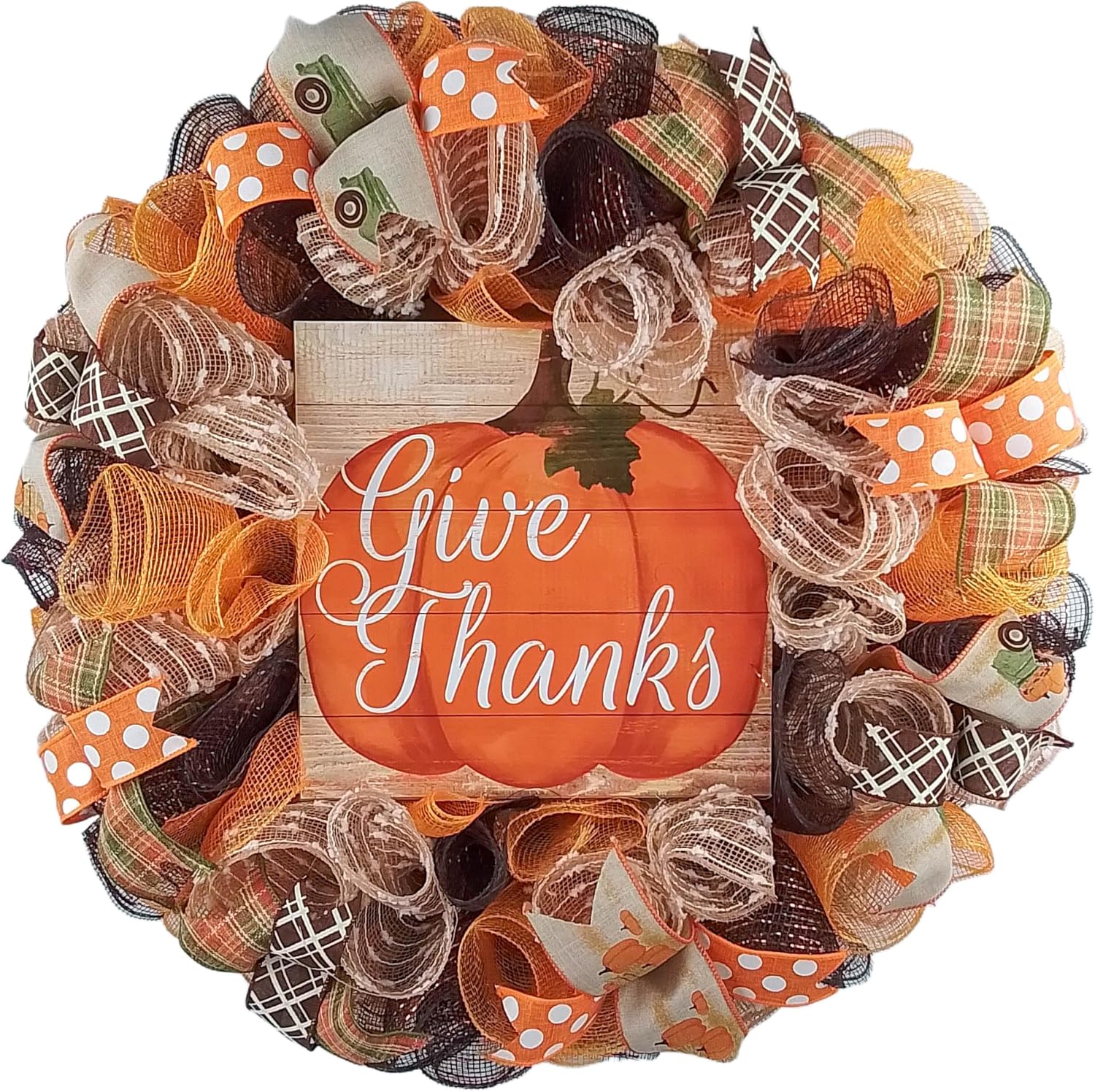 Give Thanks Wreath | Pumpkin Thanksgiving Deco Mesh Front Door Wreath; Brown Orange Burlap