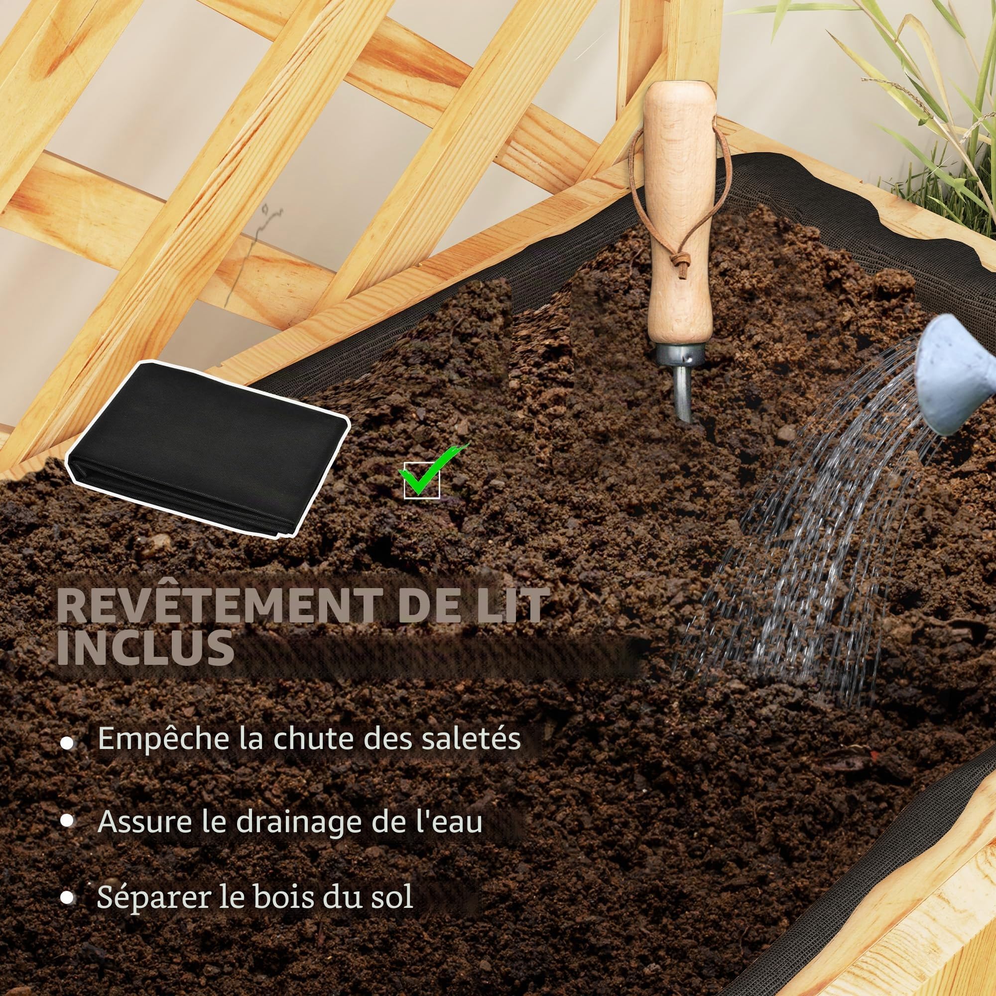 Outsunny Jardinière avec Treillis, Lit Surélevé sur Pied Bois Naturel | Jardin Potager, avec Étagères, Trous de Drainage, Doublure, Bac à Fleurs, Pot de Plantes, Balcon Terrasse Patio