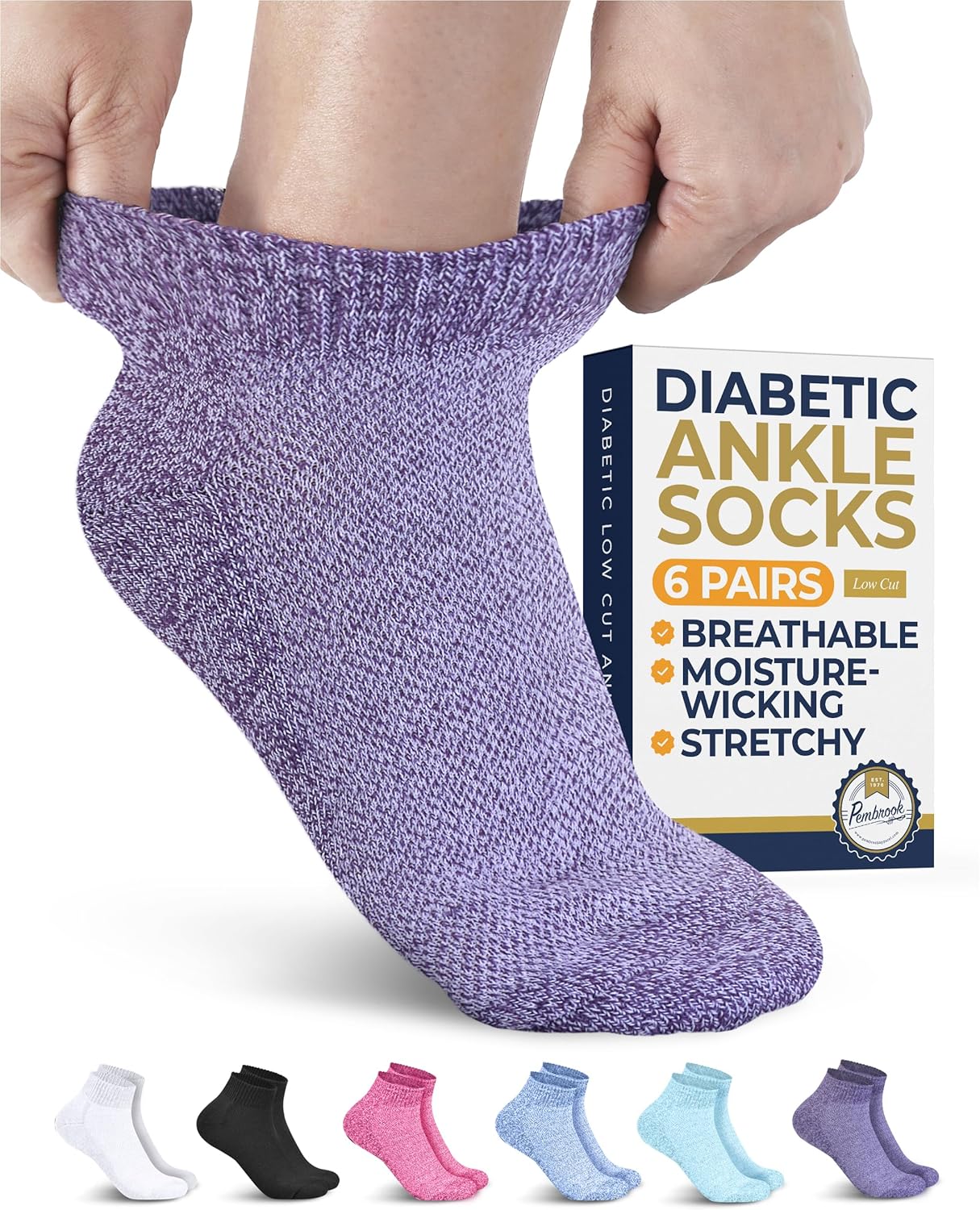Pembrook Ankle Diabetic Socks for Women and Men – 6 Pairs | Low Cut Neuropathy Socks for Women | Smooth Toe Seams