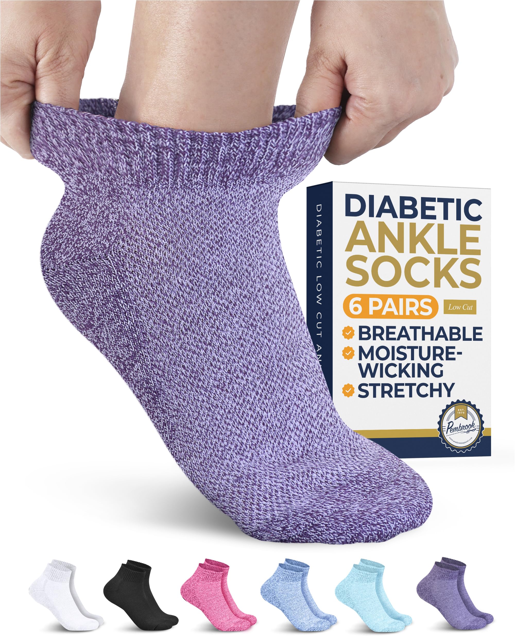 Pembrook Ankle Diabetic Socks for Women and Men - 6 Pairs | Low Cut Neuropathy Socks for Women | Smooth Toe Seams