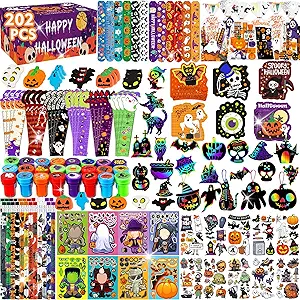 202PPCS Halloween Party Favors,Stationery Set Goodie Bags Stuffers for Kids School Classroom Prizes Trick or Treat Gifts Bags Fillers include Pencils,Erasers,Rulers,Halloween Stickers,Stamper,Notepads