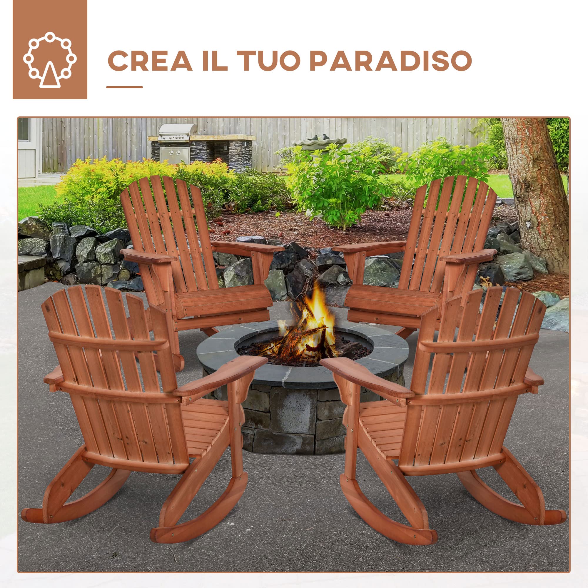 Outsunny Sedia Adirondack in Legno, Sedia a Dondolo per Giardino ed Esterni Impermeabile, 77x94x97cm Teak