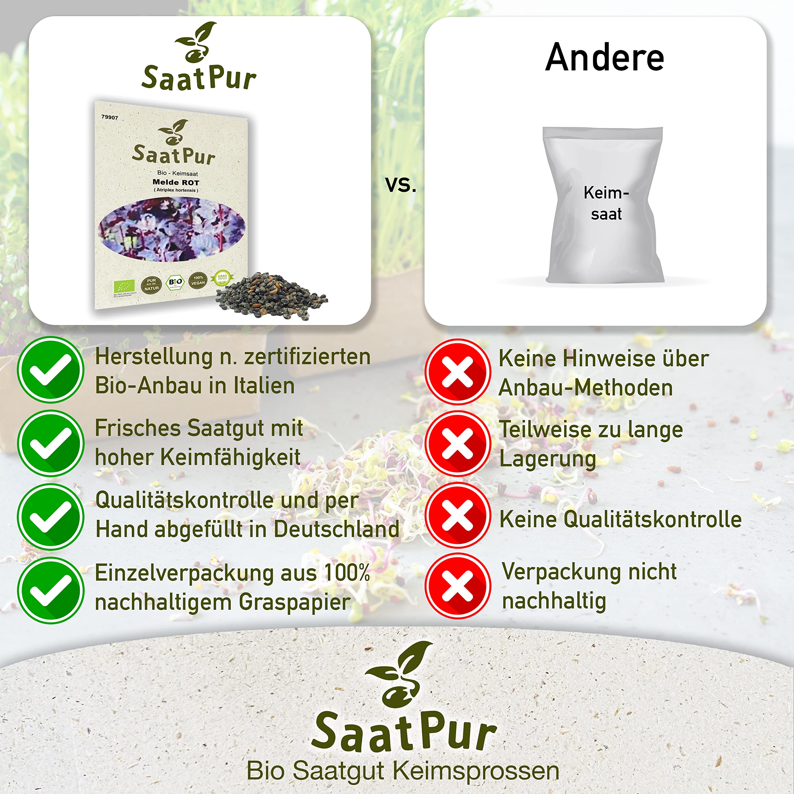 SaatPur® Saatgut Bio-Keimsprossen Melde Rot 5g, hohe Keimkraft, Micro-Greens für vitaminreiche - Großes Tray mit 100 Portionstüten je 10g
