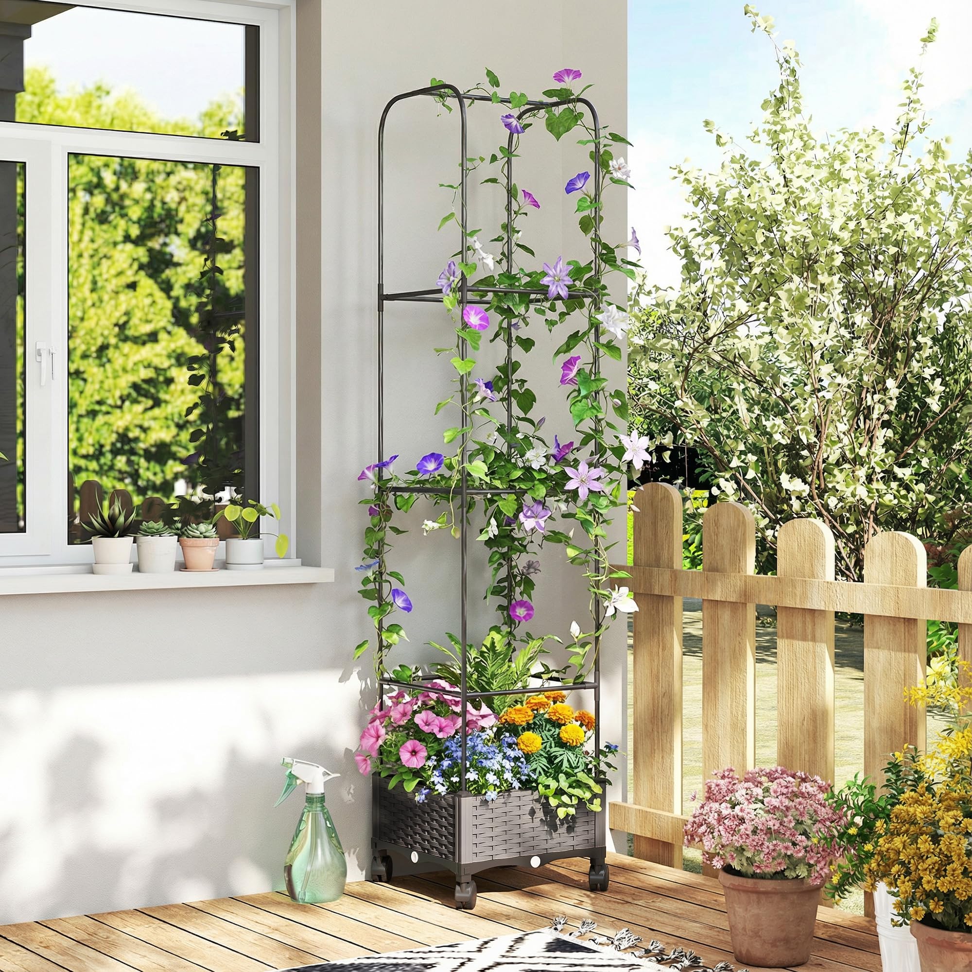 Outsunny Letto da Giardino Rialzato Alto 185 cm Autoirrigante in Metallo con Traliccio, con 4 Ruote Bloccabili per Piante Rampicanti, Fioriera con Fori di Drenaggio per Verdure e Fiori, Nero