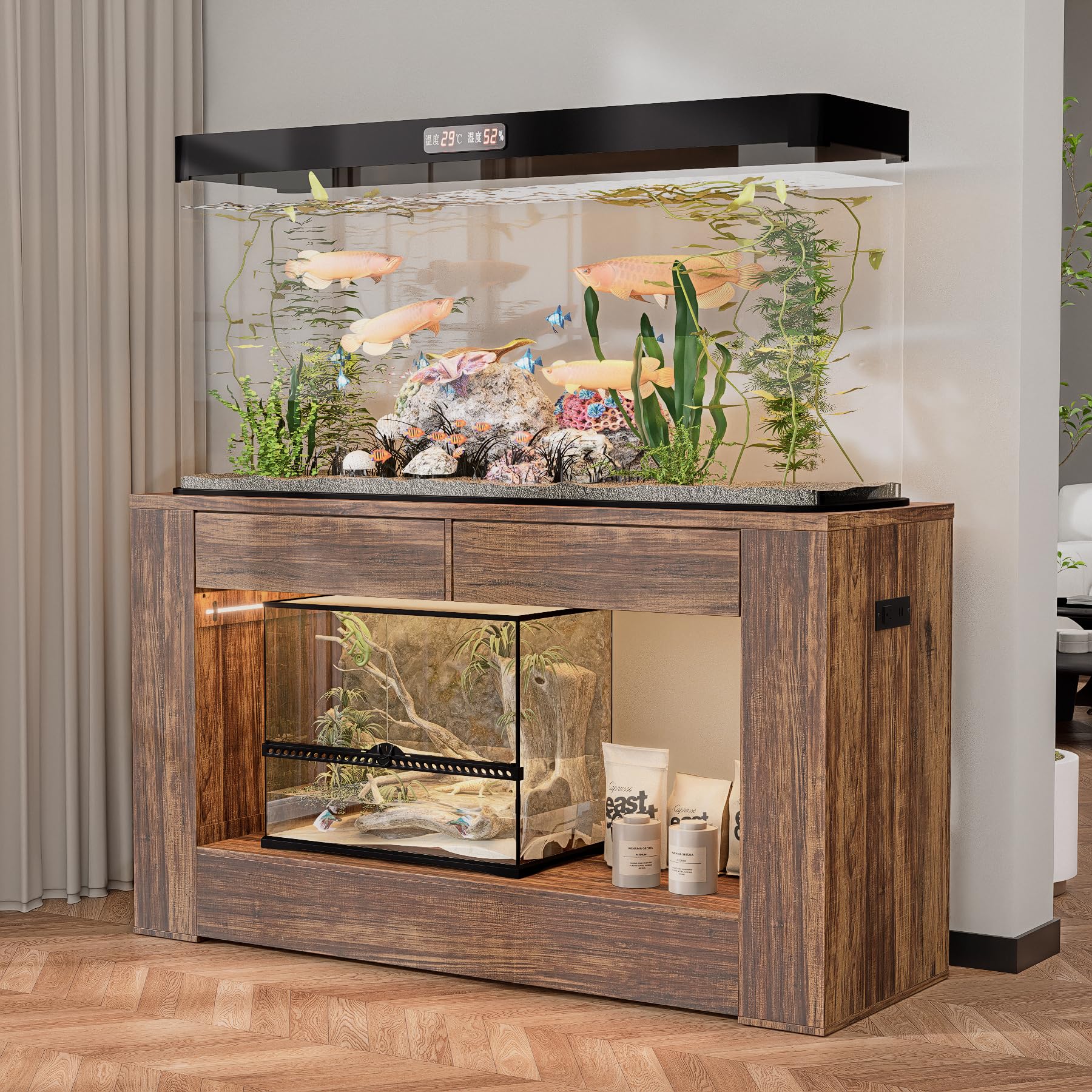 FUXJUM 55–75 Gallon Aquarium Stand for Fish Tank & Turtle ,Reptile,Amphibian Terrariums, MDF Tabletop & Drawers, Reinforced Metal Frame, LED Lighting,