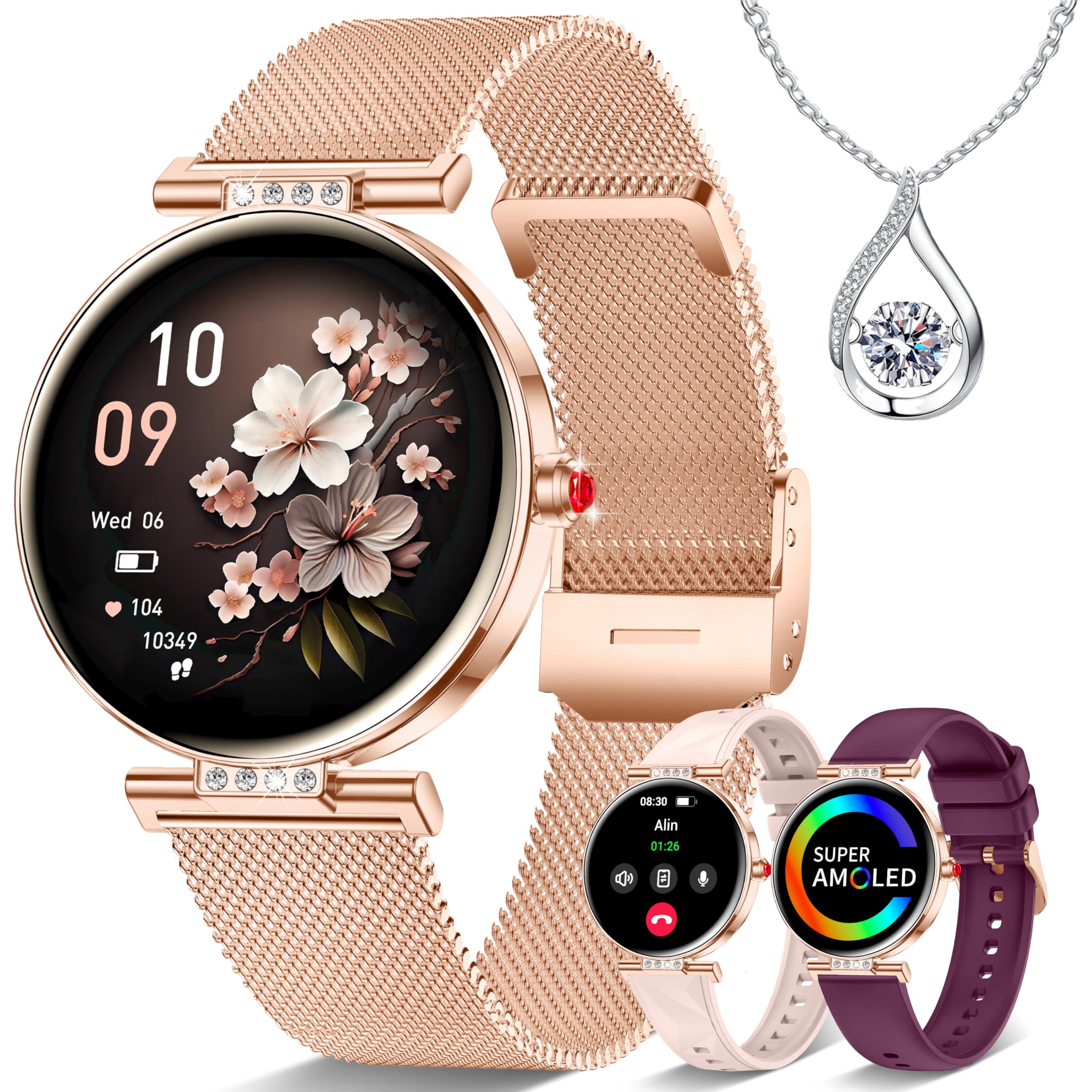 Reloj Inteligente Mujer Pantalla AMOLED 1,19'' Elegante Pequeño Oro Rosa | Reloj Deportivo Contador Monitor Sueño Pulsómetro SpO2 Smartwatch con Llamadas IP68 compatible con iPhone Android