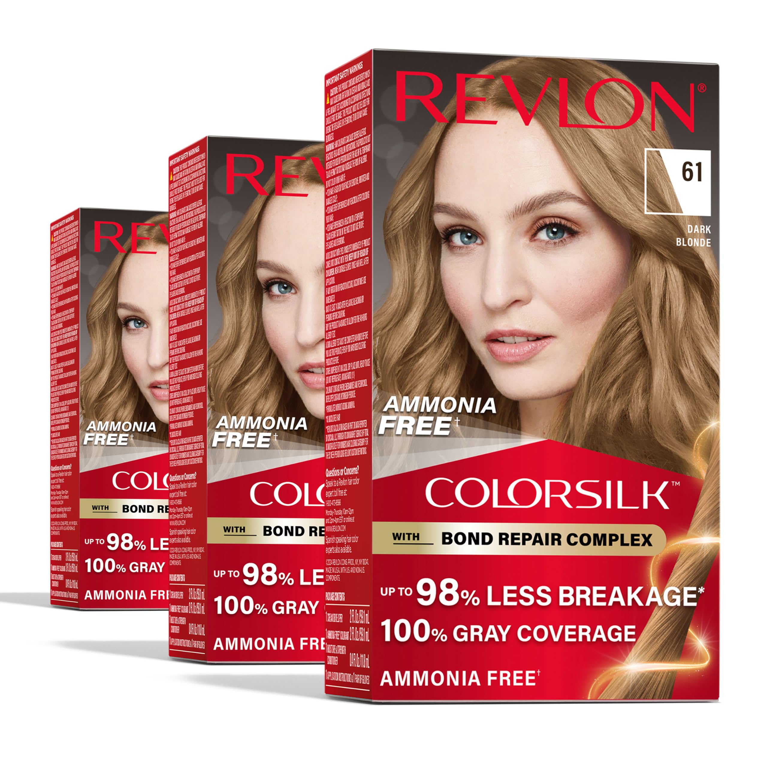 ColorSilk with Bond Repair Complex, Blonde Permanent Hair Color, 100% Gray Coverage, Ammonia Free Hair Dye, Vegan Keratin, 61 Dark Blonde (Pack of 3)