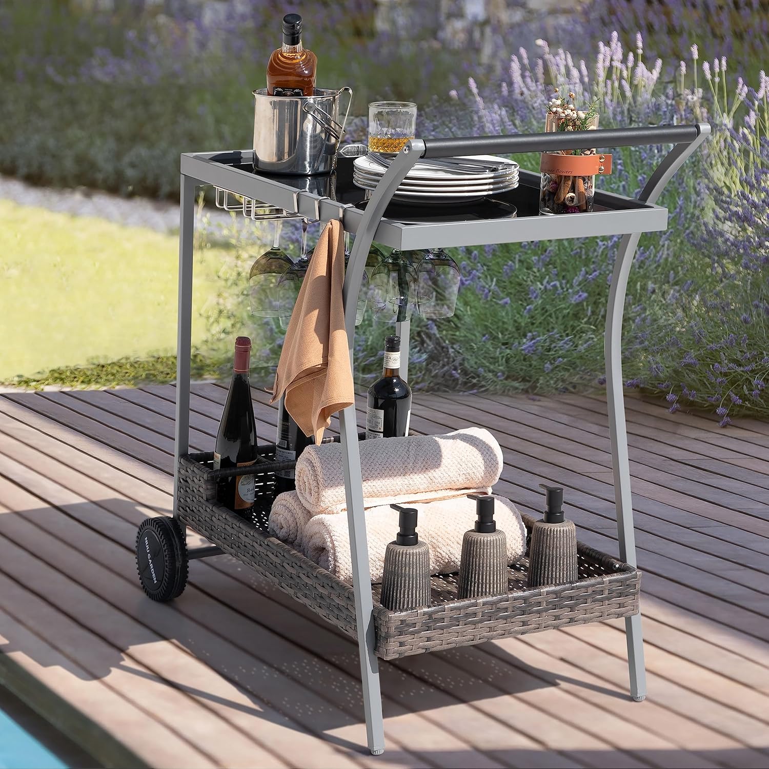 Outdoor 2-Tier Wicker Bar Cart On Wheels with Tempered Glass Board Grey Specialty Iron Water Resistant Weather