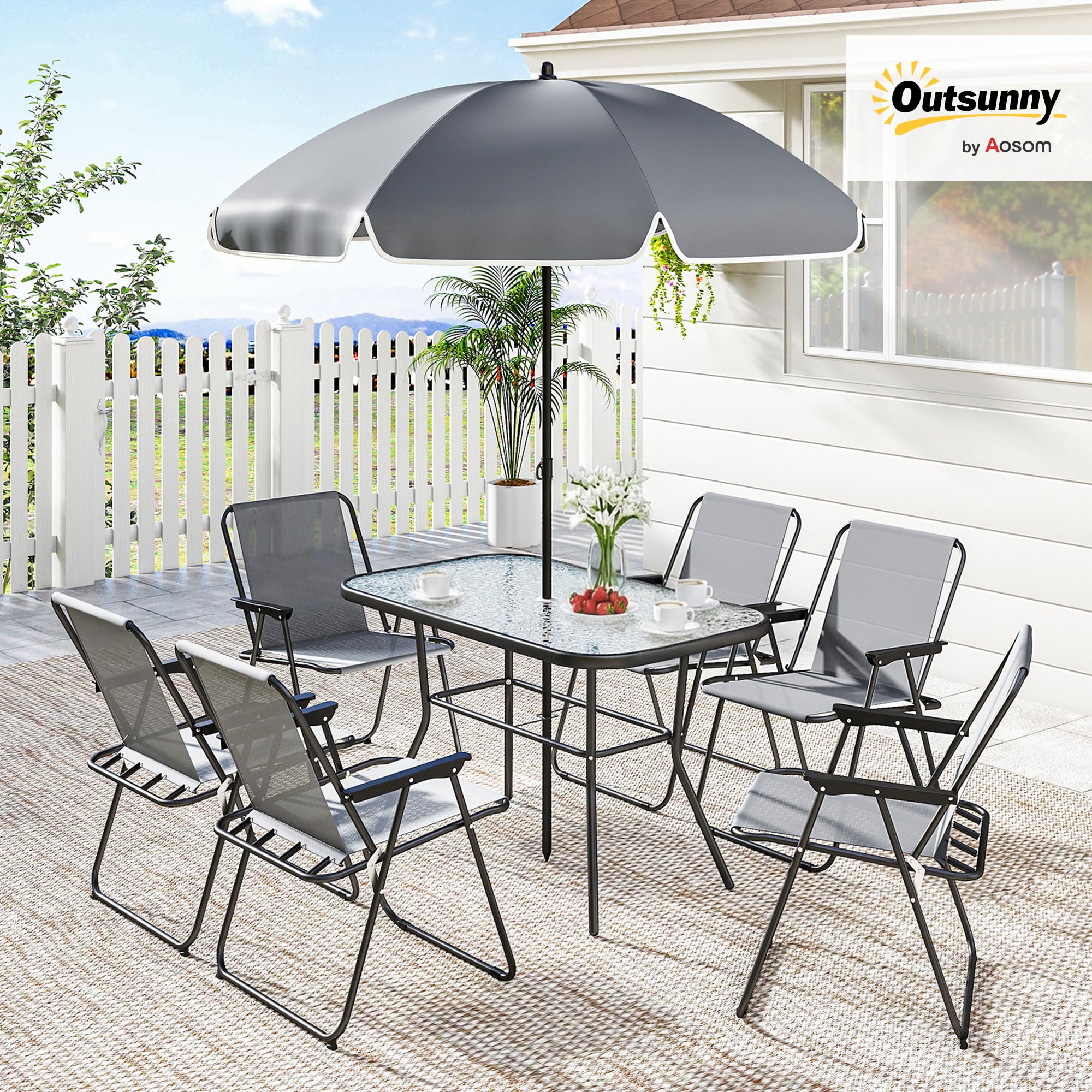 Outsunny Gartenmöbel Set Sitzgruppe 8-teilig Glastisch 119 x 68cm mit 6 Klappstühlen Wasserwellenmuster Sonnenschirm Atmungsaktive Essgruppe für Terrasse Outdoor-Bereich Grau