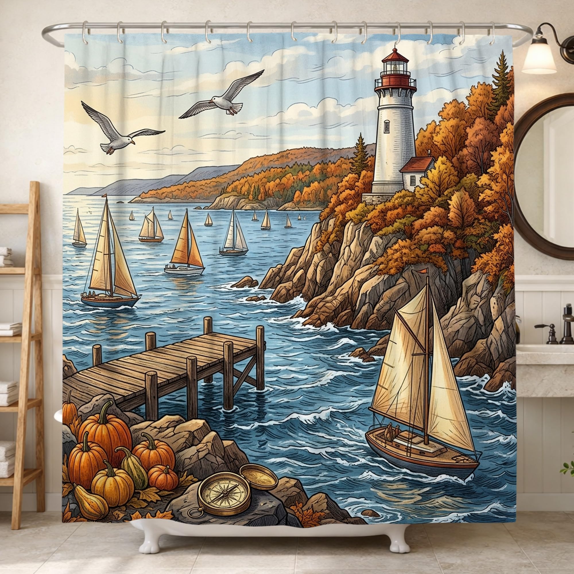 Rideau de douche imperméable motif phare et voiliers 183x213 cm