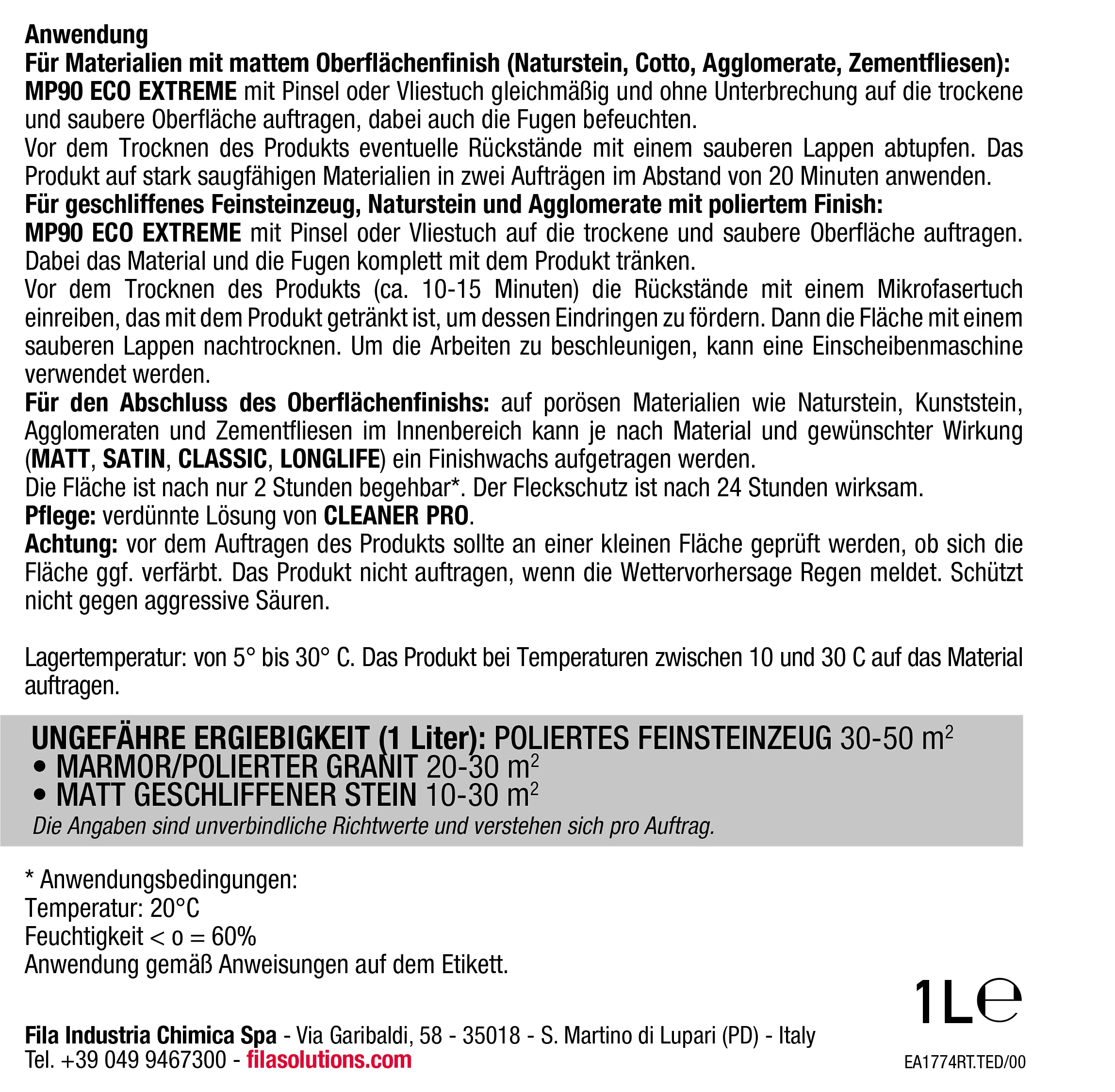 FILA Surface Care Solutions, MP90 ECO XTREME, Wasser- und Ölabweisender Schutz, Das Nonplusultra Der FILA-Technologie, 1L