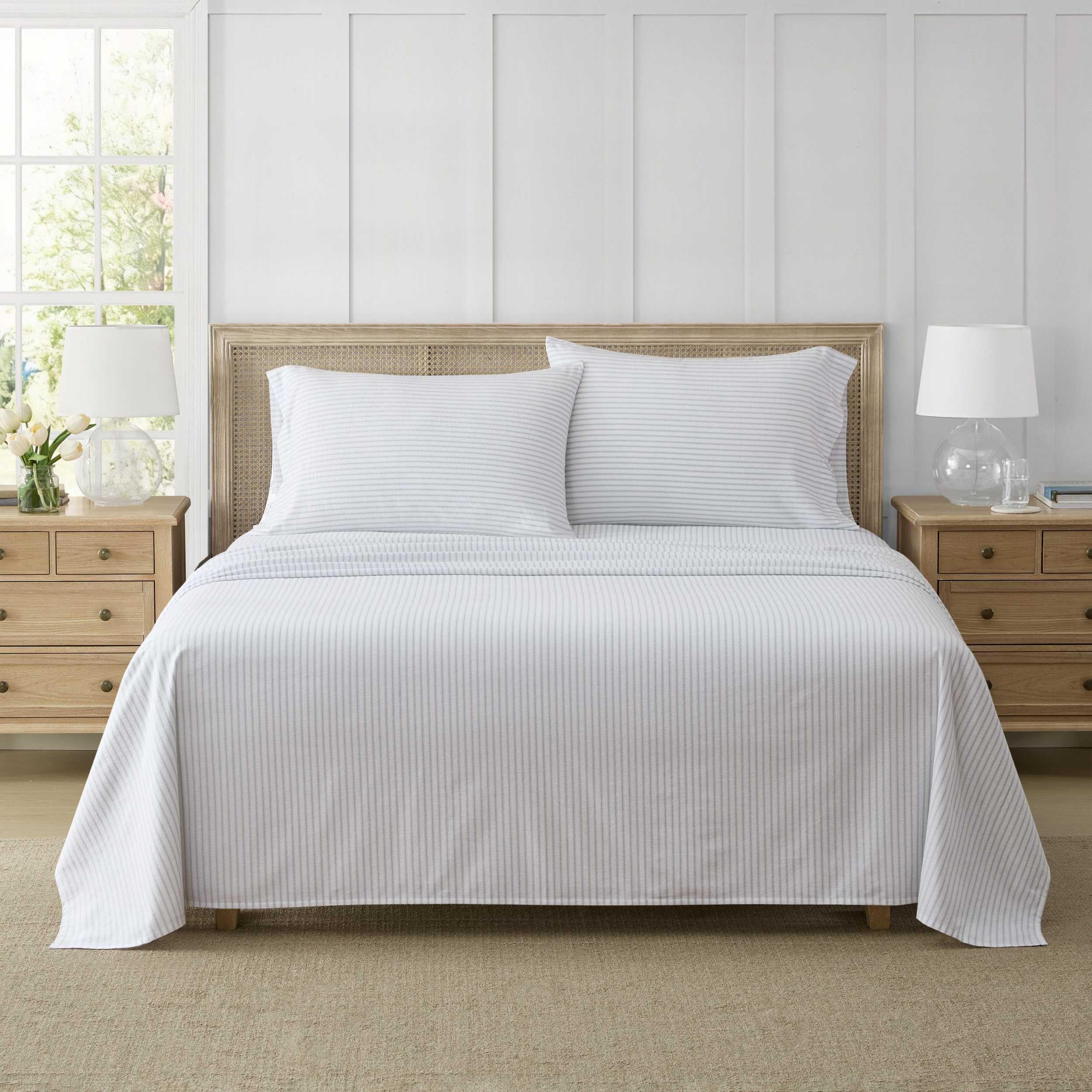 Martha Stewart - Queen Sheet Set with Fitted Sheet & Pillowcases, Soft Cotton Flannel Bedding, Deep Pocket, Ticking Stripe Blue