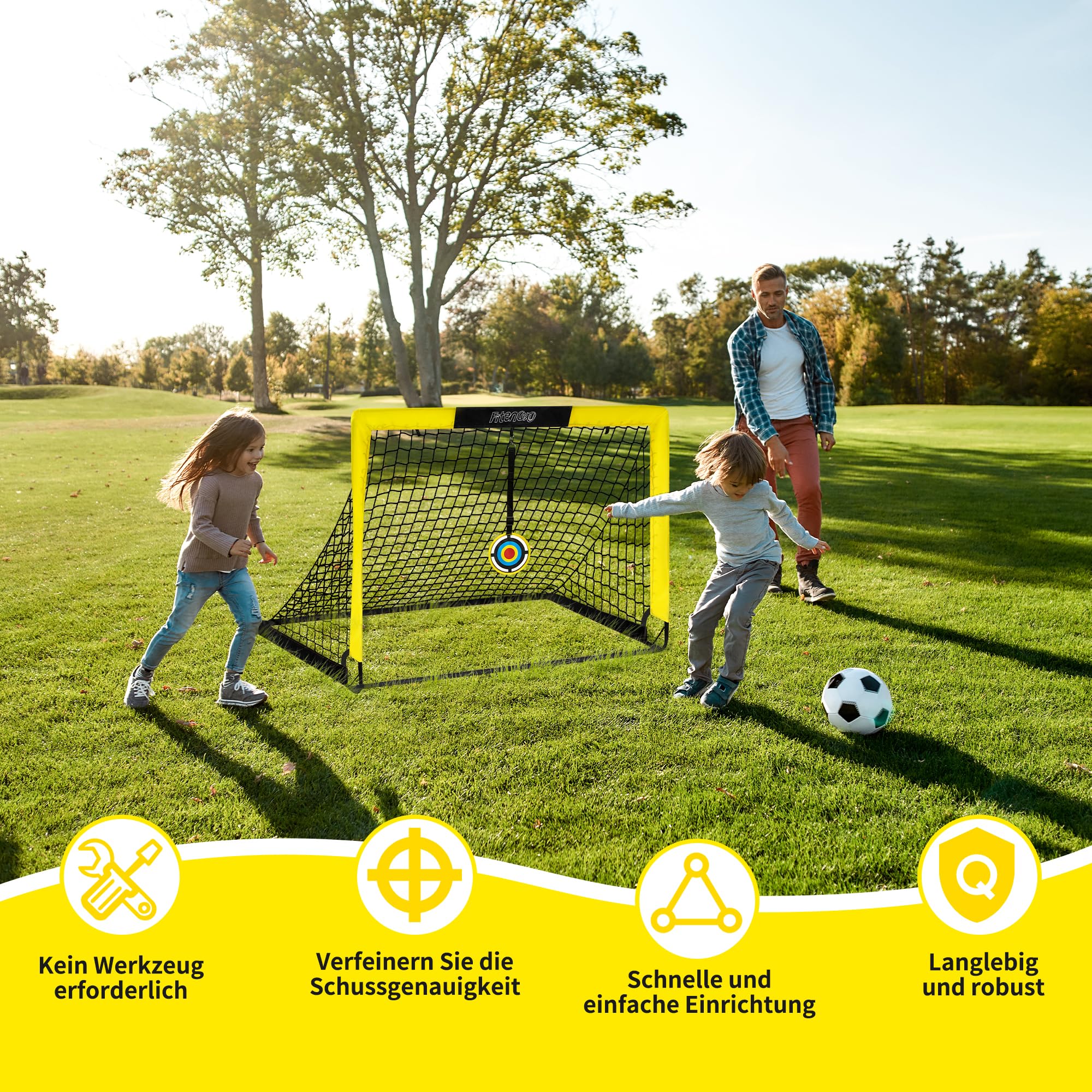 Fußballtor Kinder 2er Set - Pop up Fussballtore für Garten, Outdoor & Reisen - Faltbares Tor mit Tragetasche, 2 Bullseye & 8 U-förmigen Bodennägeln - Fußball Trainingszubehör