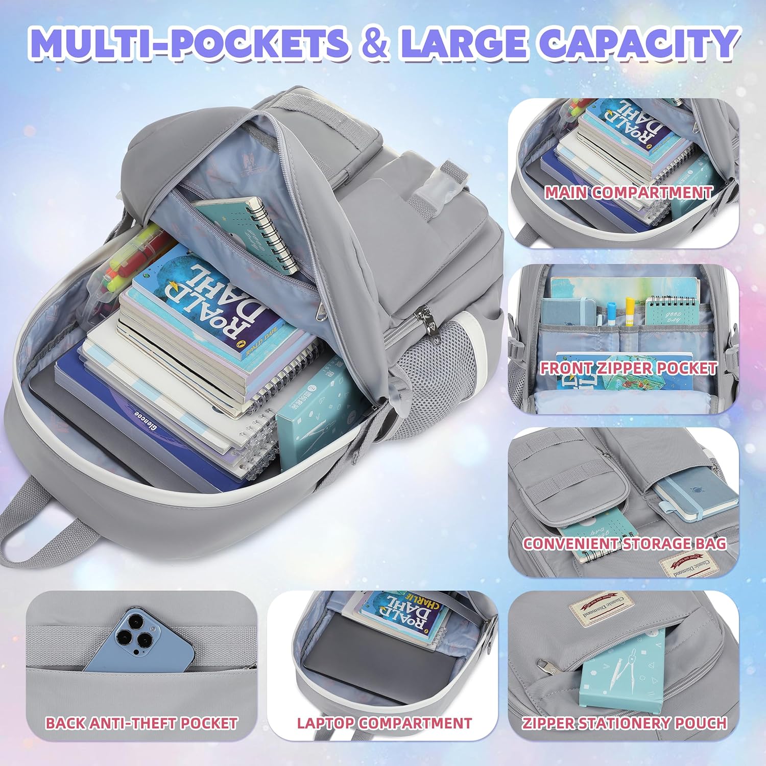 School Backpack for Girls with Lunch Box Cute Backpacks for Girls Backpack Bookbag Backpacks for Teens (Grey) - Image 3