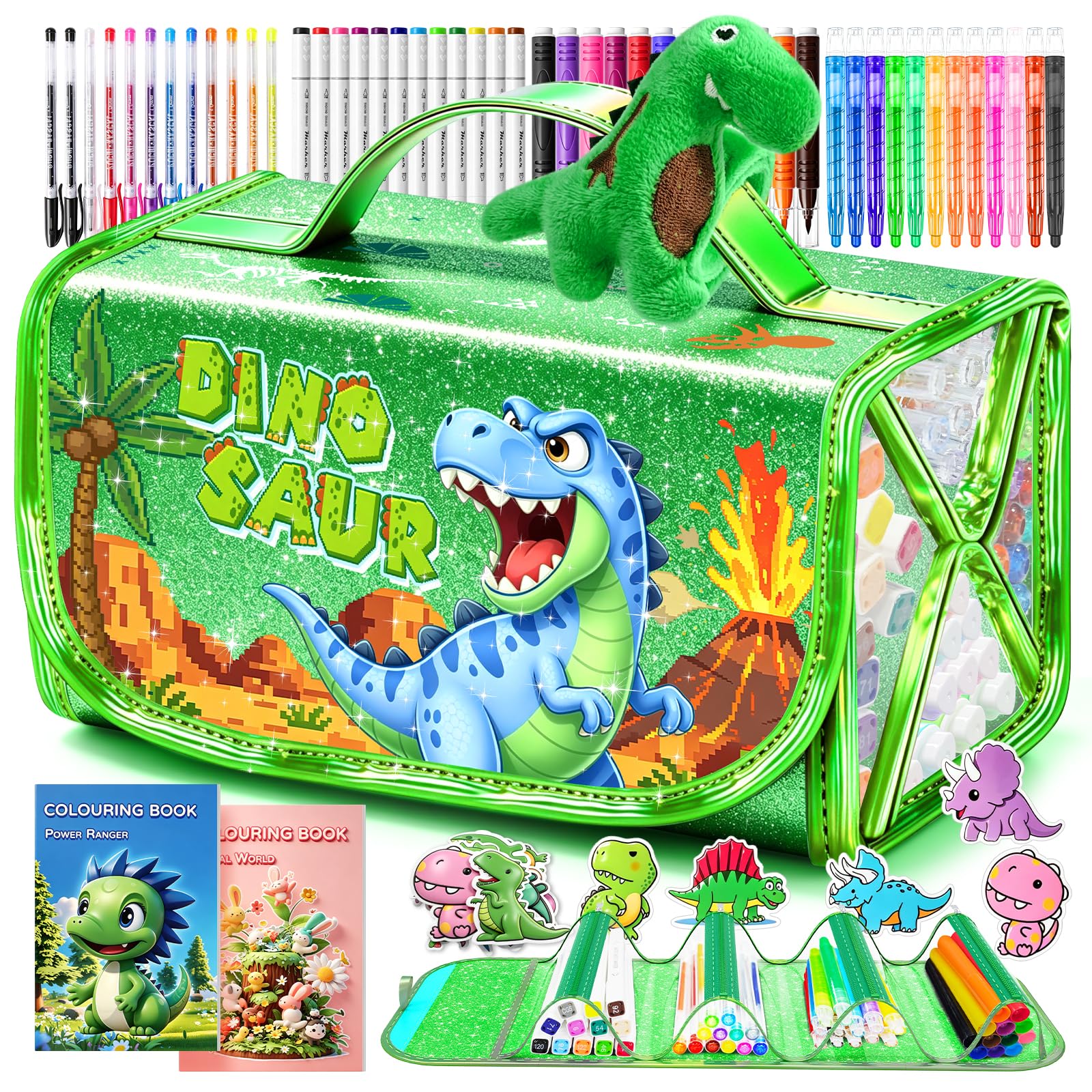JYPS Kids Colouring Set with Pencil Case, 72PCS Dinosaurs Washable Art Supplies with Glitter Pens,Markers, Crayon, Girls Birthday Presents Age 3-12, Art Set and Crafts Drawing Set Stationery Gifts
