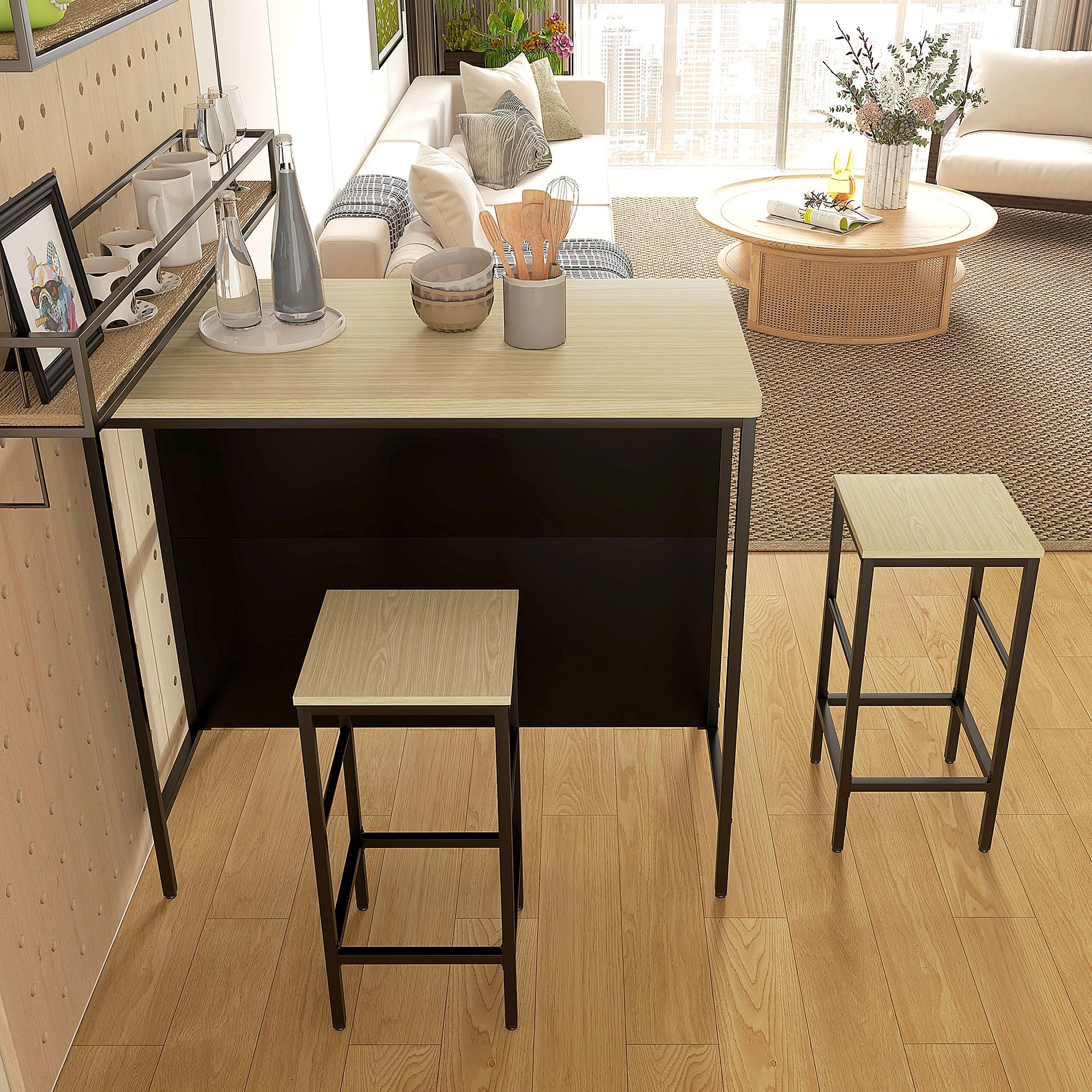 HOMCOM Ensemble Table de Bar et 2 tabourets avec Repose-Pieds, étagère de Rangement, Style Industriel, métal Noir et Aspect Bois