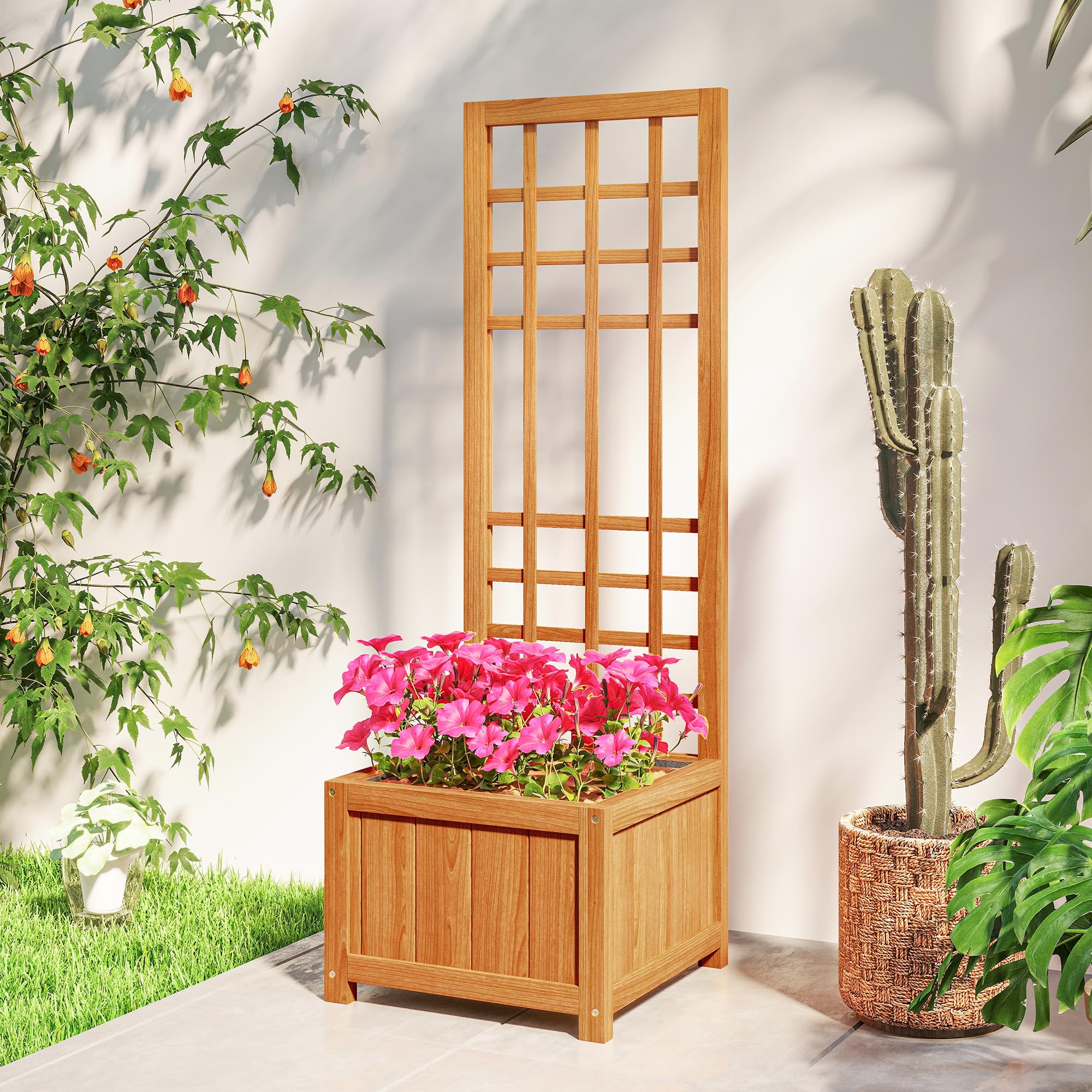 Outsunny Letto per Orto Rialzato da Esterno con Grigliato, Fioriera da Esterno con Foro di Drenaggio e Fodera Traspirante in Legno di Abete, per Fiori e Verdure, 40x40x120 cm, Marrone Chiaro