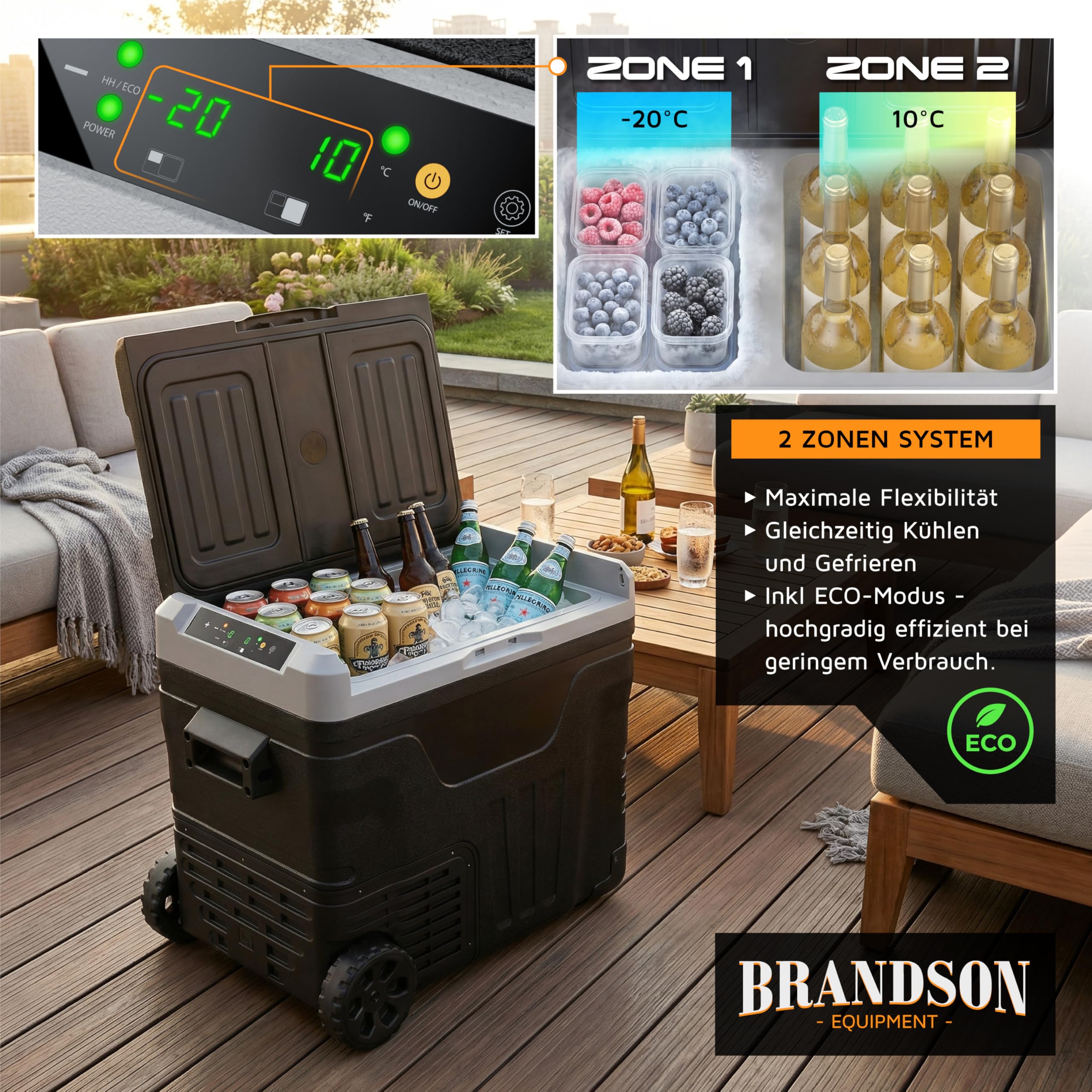 Brandson - Kompressor Kühlbox elektrisch - 2 Zonen / 2 Fächer 46 Liter – ECO Modus - LED Display – Gefriertruhe Kühlung bis -20°C - 12V - 230V – Batteriewächter - Auto Camping Festival LKW Boot