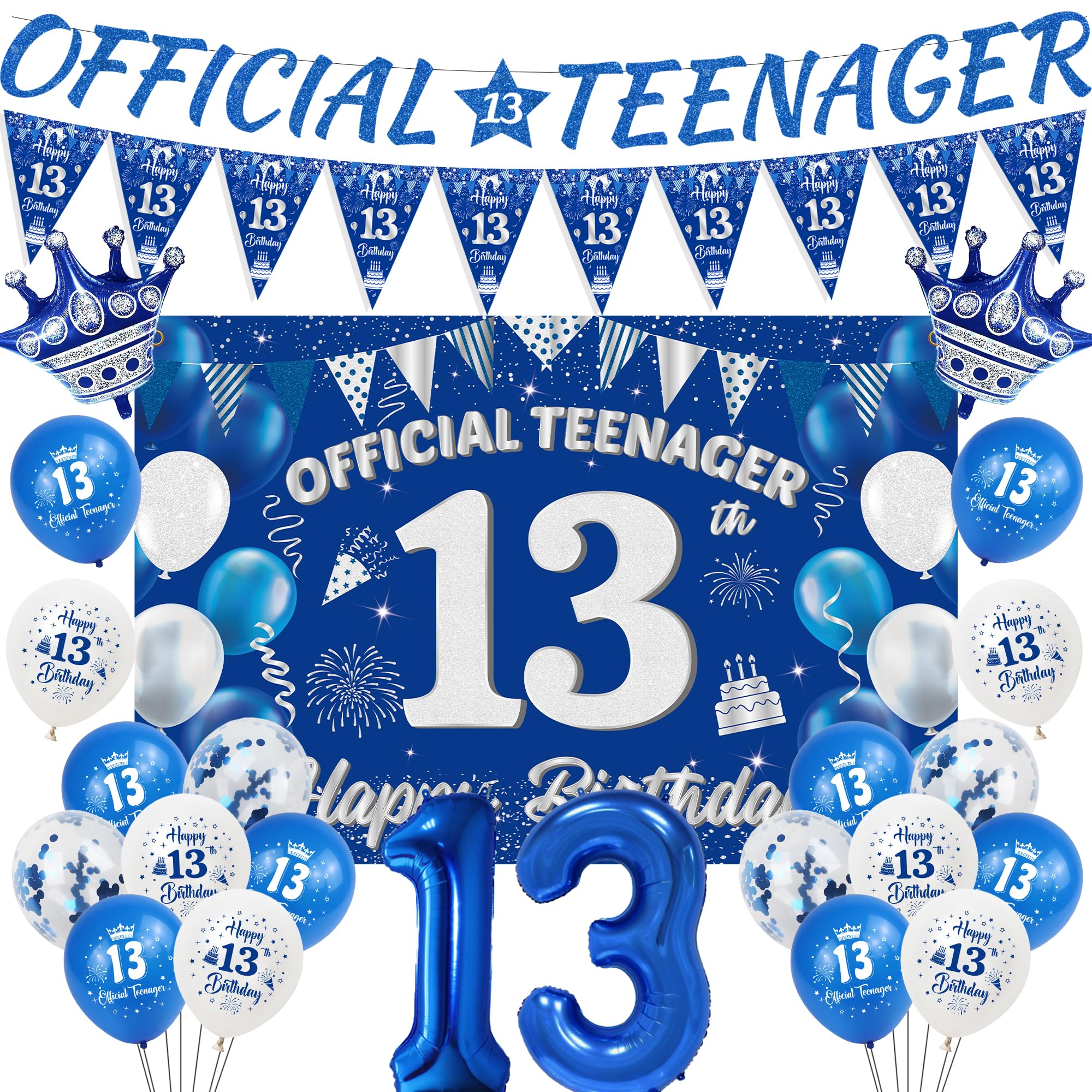 13th Birthday Decorations Boys Banners - 25 Pcs Blue Sliver Official Teenager Banner Pennant Happy Birthday Backdrop Curtain Crown Balloons Number 13 Foil Balloon for 13 Years Old Boy Party Supplies