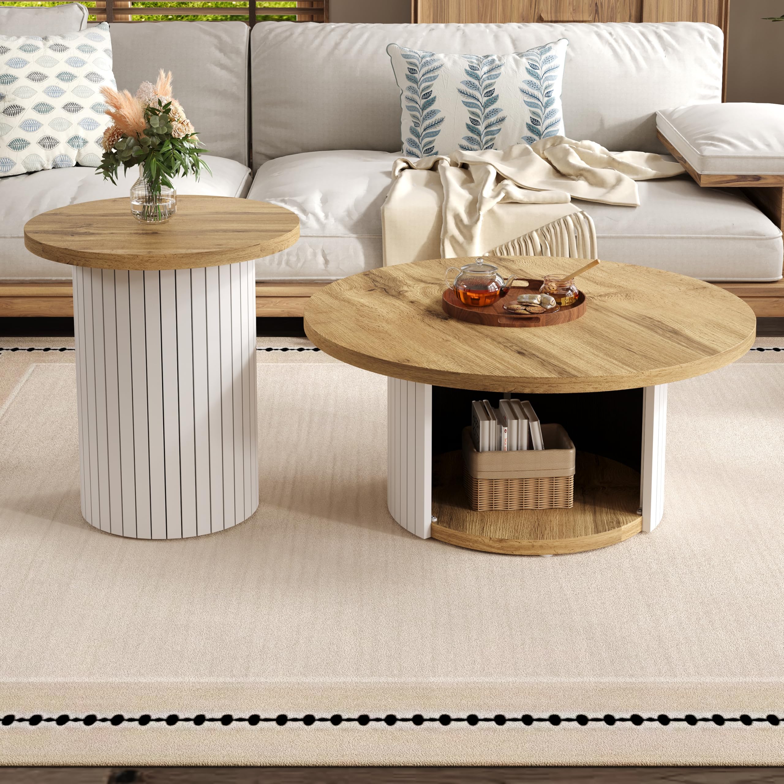 Mesa de centro, mesa redonda doble, mesa auxiliar con listones de madera natural. Mesa de salón multifuncional