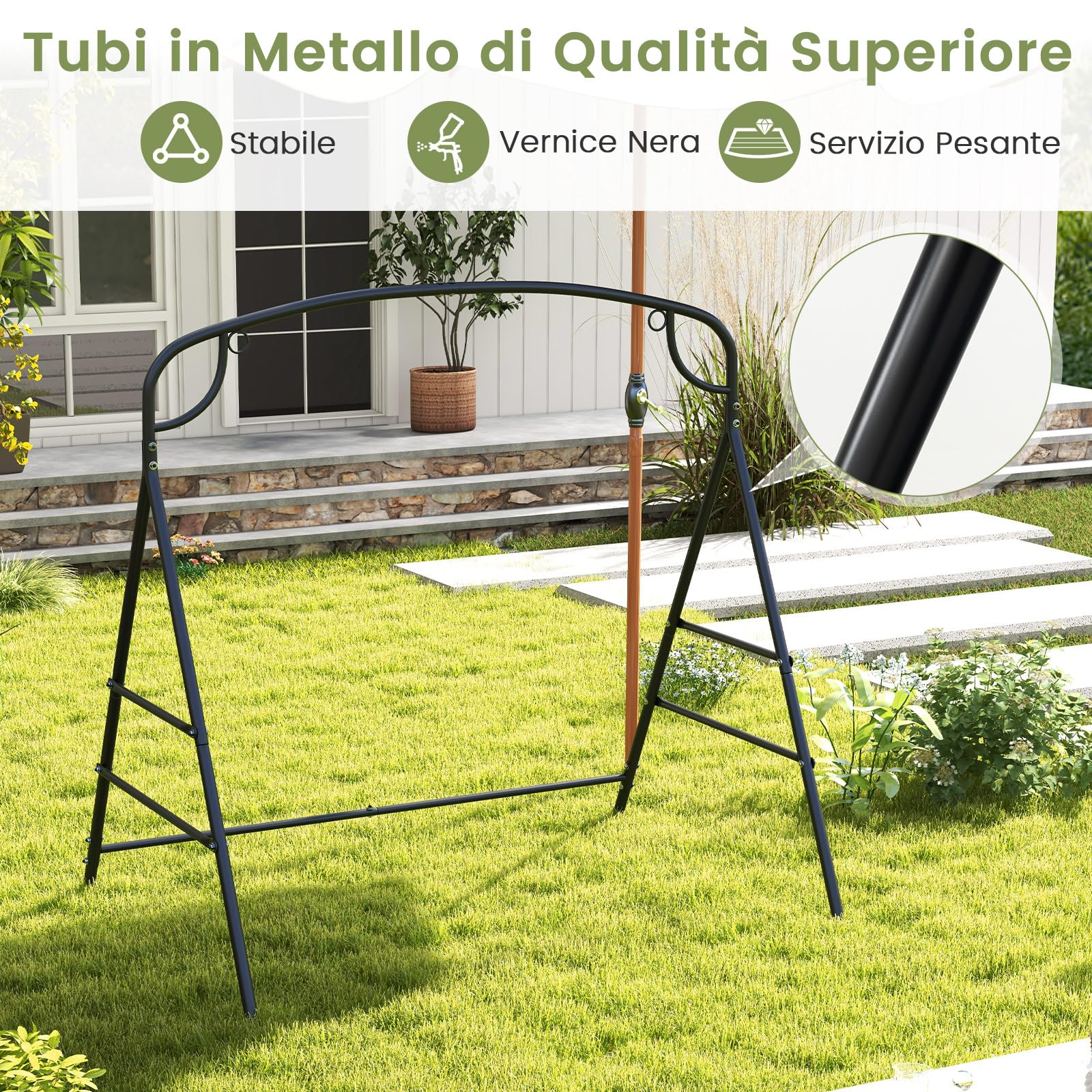 RELAX4LIFE Supporto Altalena/Panca Sospesa in Metallo con 2 Anelli di Sospensione, Portata di 300 kg, Forma a A per Interno ed Esterno,180 x 133 x 182 cm