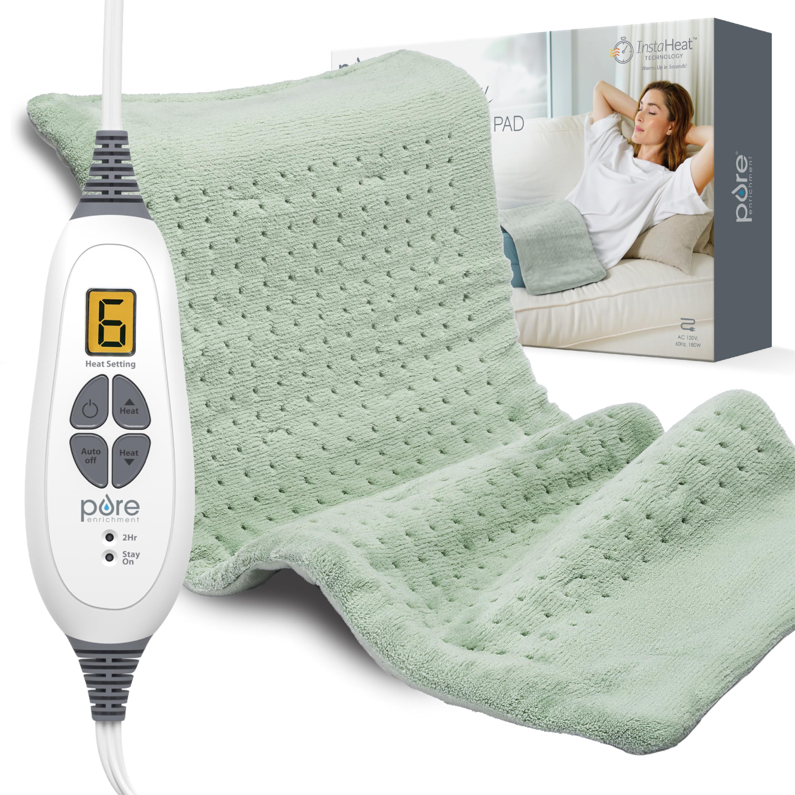 Almohadilla térmica PureRelief XL de Pure Enrichment, 12 x 24 pulgadas, almohadilla térmica eléctrica para calambres por dolor de espalda, 6 configuraciones de calor, compatible con FSA y HSA, tela suave lavable a máquina, apagado automático, calor húmedo, verde zen
