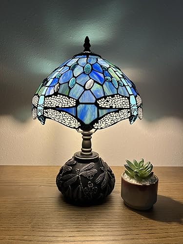 Miniatura 4 de Tiffany Lámpara de mesa con diseño de libélula azul, bombilla LED con vitral, incluye base de libélula para sala de estar, dormitorio, mesita de