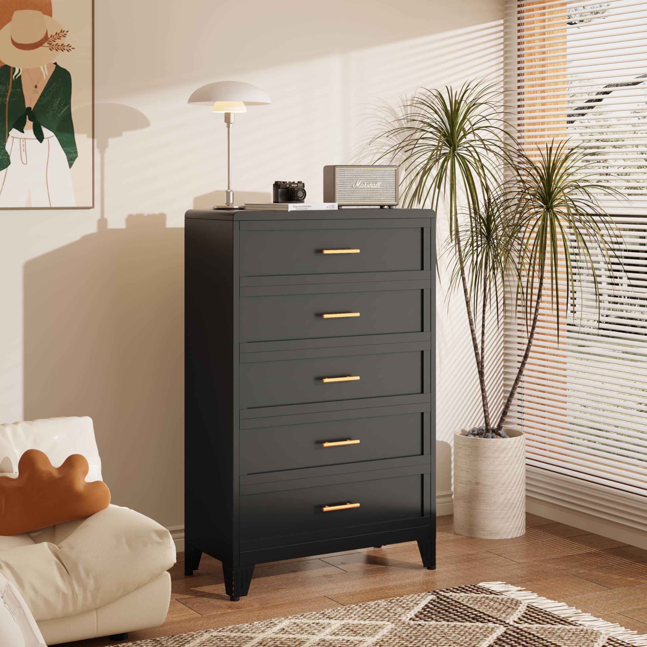 Metal 5 Drawers Dresser for Bedroom Tall Black Dresser,Chest of Drawers for Bedroom with Large Storage Space for Living Room, Hallway, Entryway, Home
