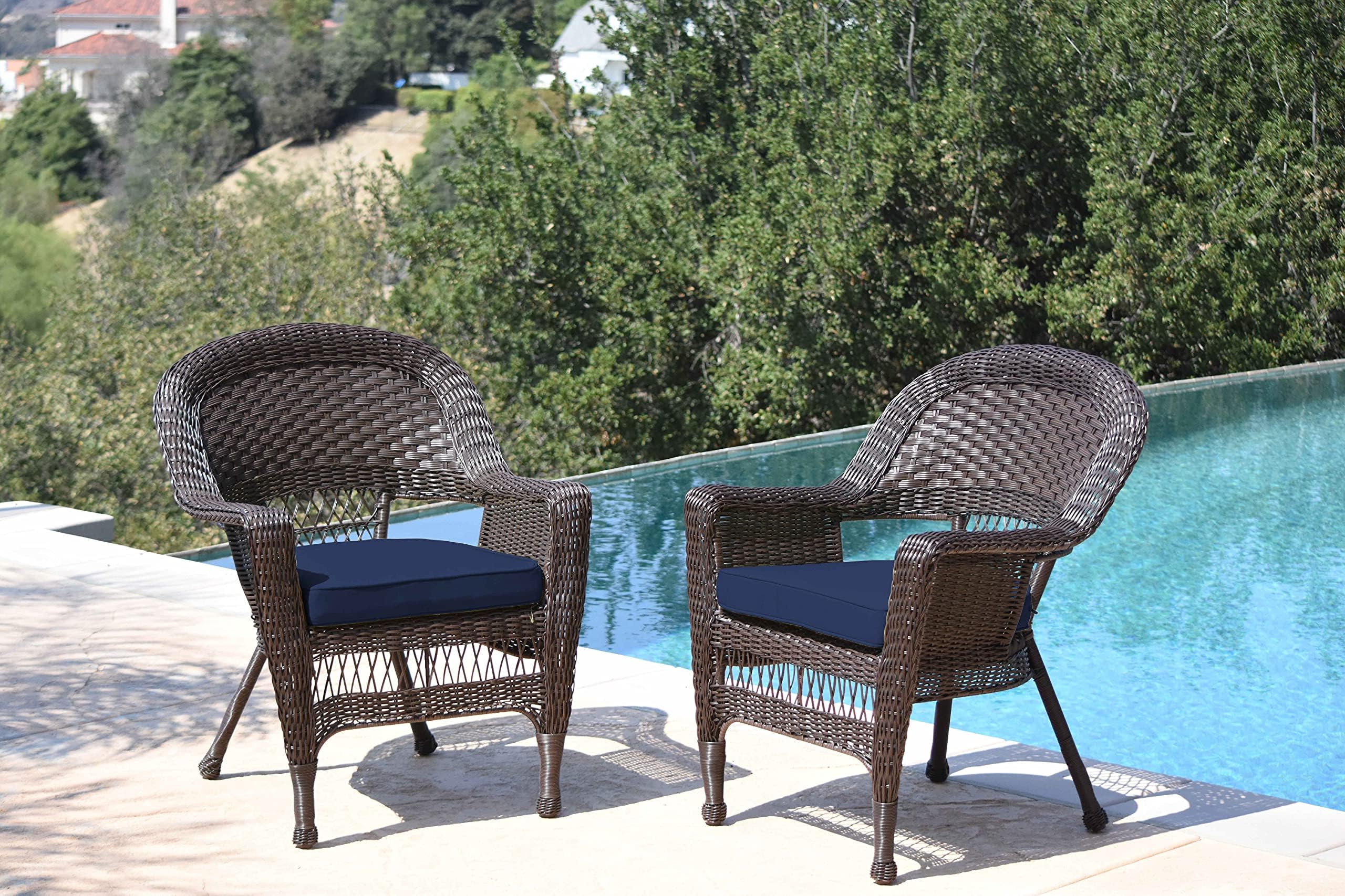 JecoWicker Chair with Blue Cushion, Set of 2, Espresso/