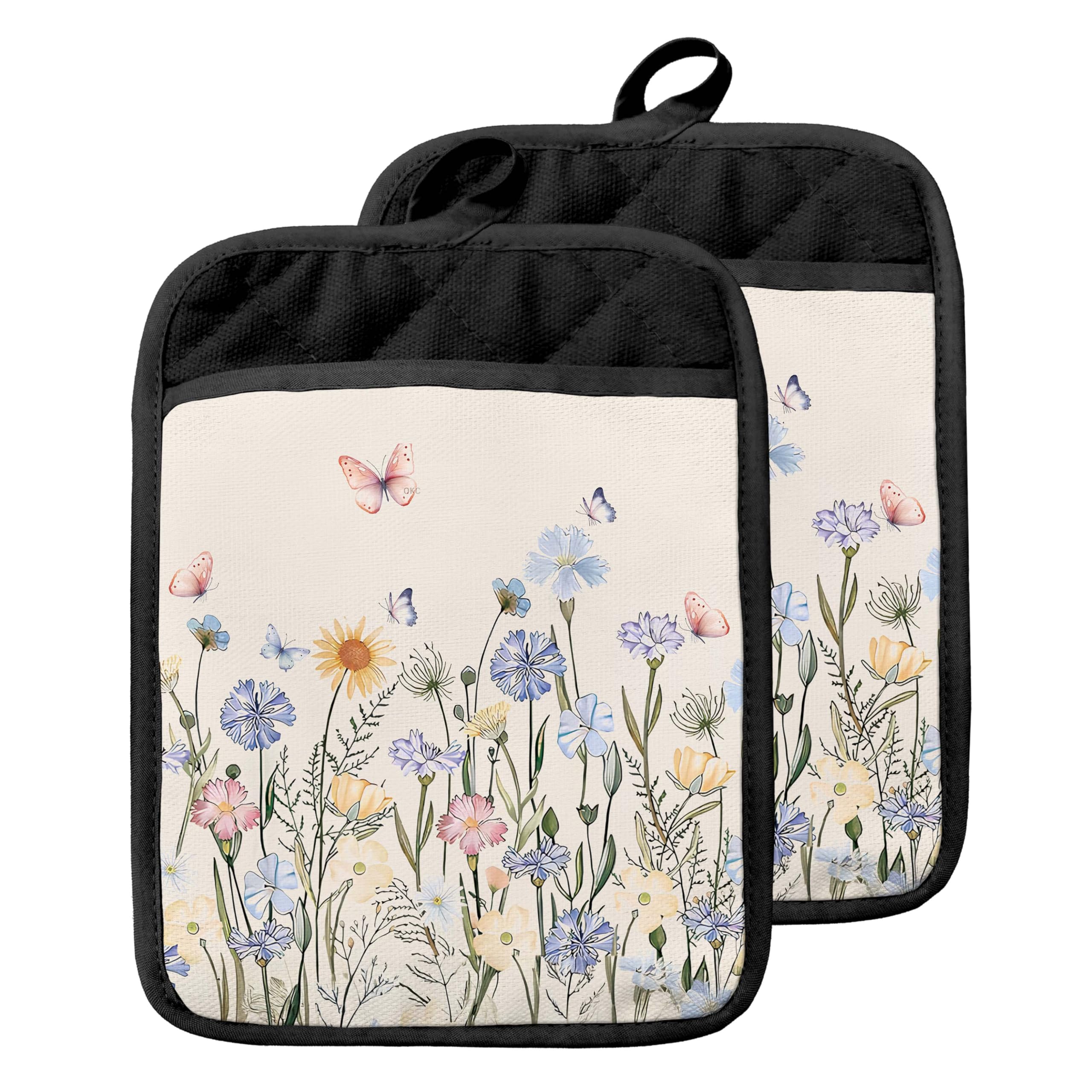 Manique florale avec poches protectrices contre la chaleur pour plats chauds