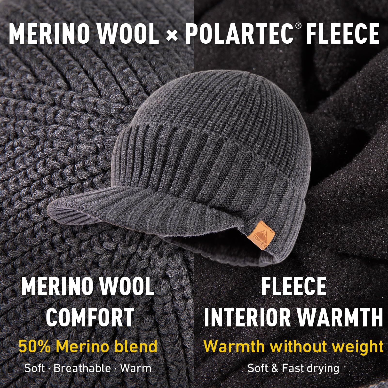 TOP-EX Gorro de lana merino impermeable XL/XXL Dryknit para hombres y mujeres, cálido gorro de invierno con forro polar