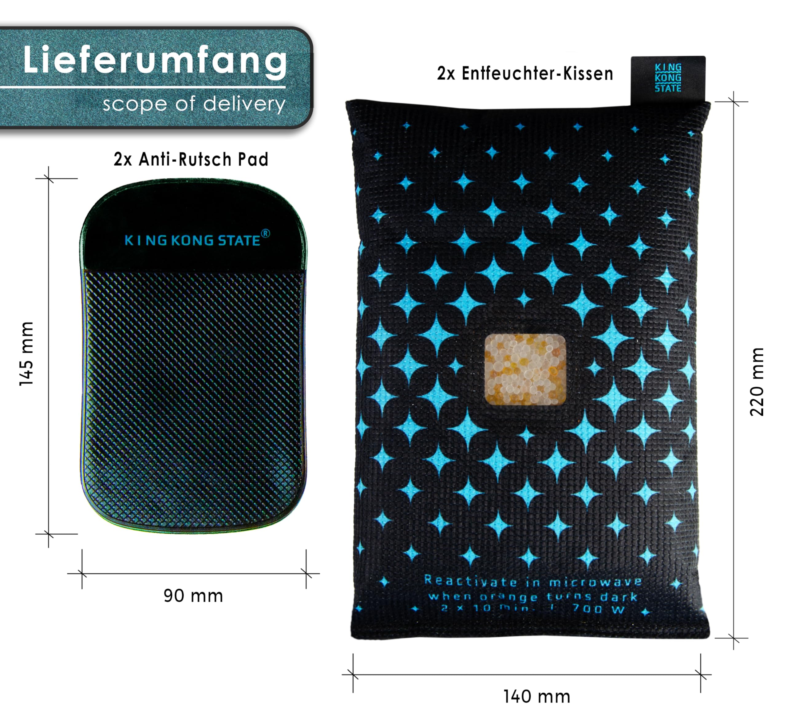 King Kong State Deshumidificador para coches 2 unidades – Cojín deshumidificador 2 x 750 g para ventanas de coche empañadas – con ventana indicadora y almohadilla antideslizante