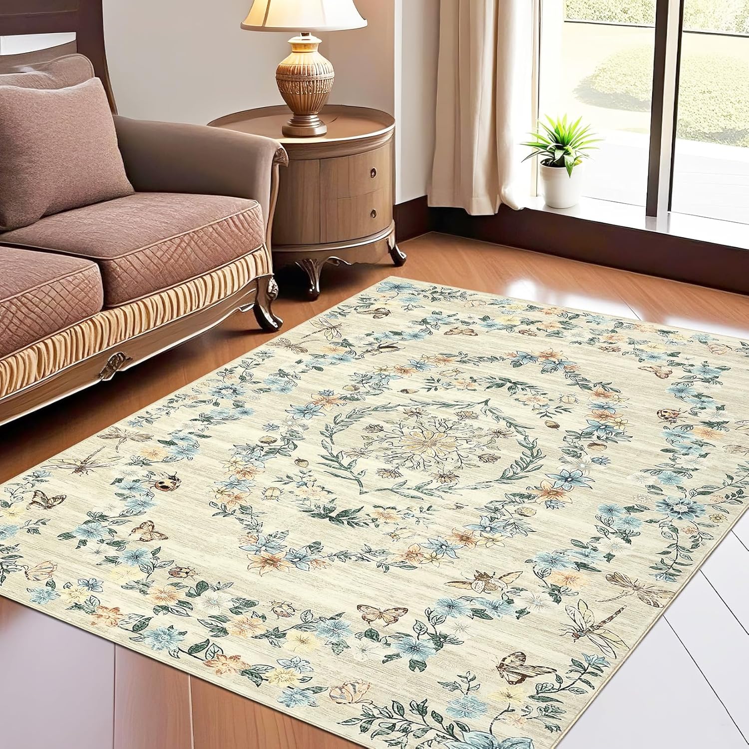 GAOMON 5x7 Area Rugs for Living Room Washable Rug Modern Floral Rug for Bedroom Floral Throw Rugs Stain Resistant Throw Carpet Low Pile Floor Cover for Office Dining Room Nursery，Beige