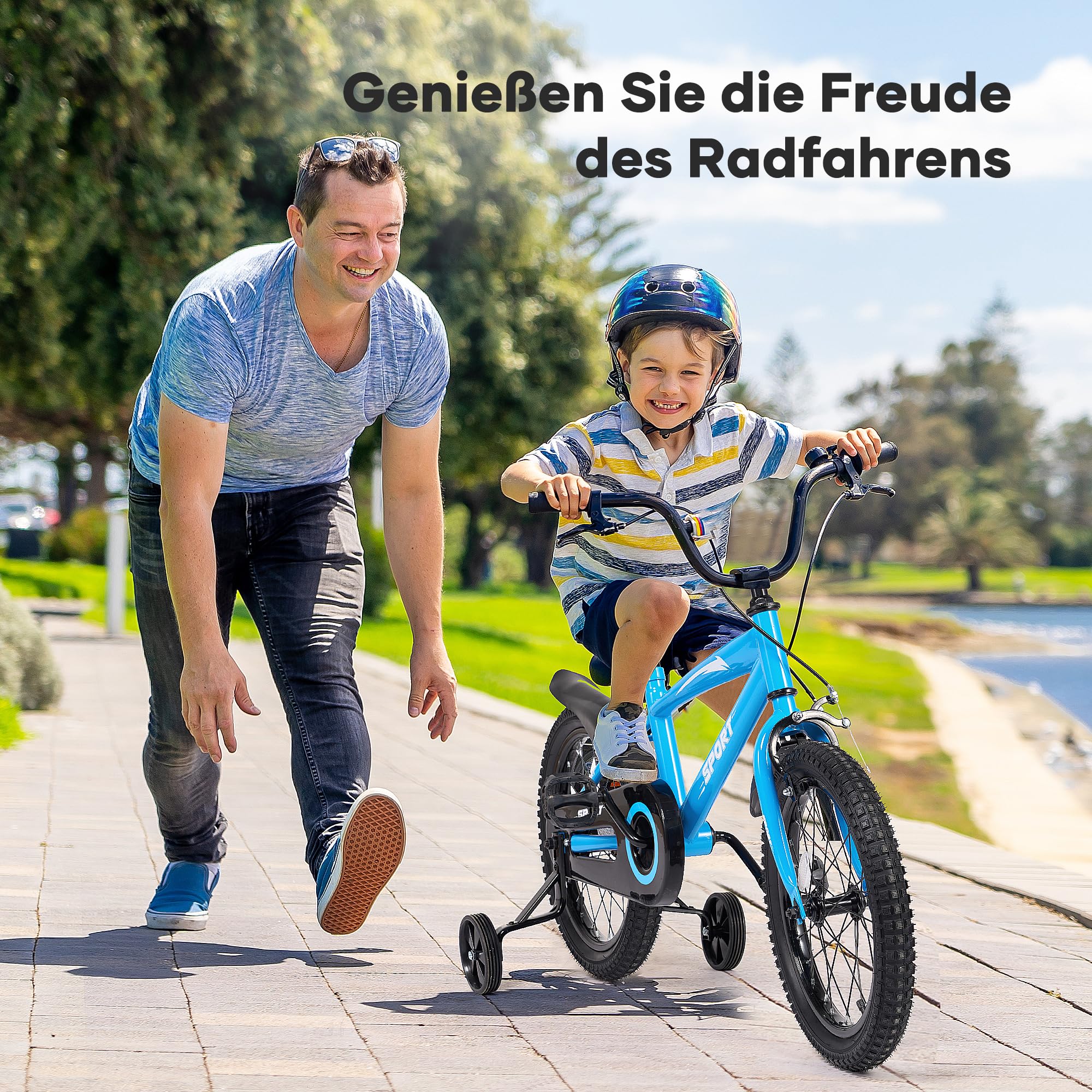 BODIOO Vélo pour enfant de 16" avec siège réglable, roues stabilisatrices, frein à main, frein à rétropédalage et cadre solide pour cyclistes de 104 à 117 cm (bleu)