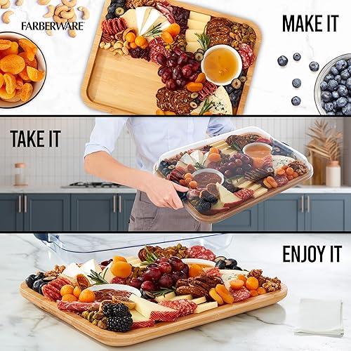 Miniatura 37 de Farberware Build-A-Board Tabla de cortar de bambú con compartimentos integrados y tapa de bloqueo transparente, asas negras, charcutería, bandeja