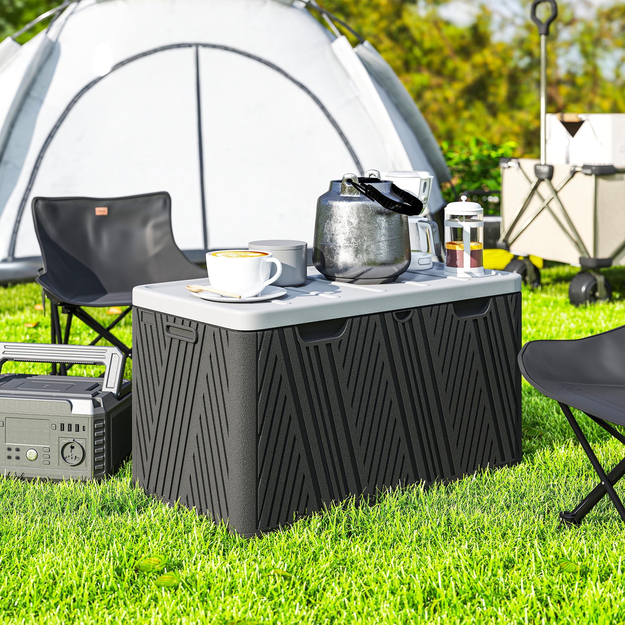 Outsunny Baule da Esterno da 380L Impermeabile in HDPE, Cassapanca Contenitore da Esterno con Coperchio a Leva e 2 Maniglie Laterali, Protezione UV, 115x60x60 cm, Nero e Grigio