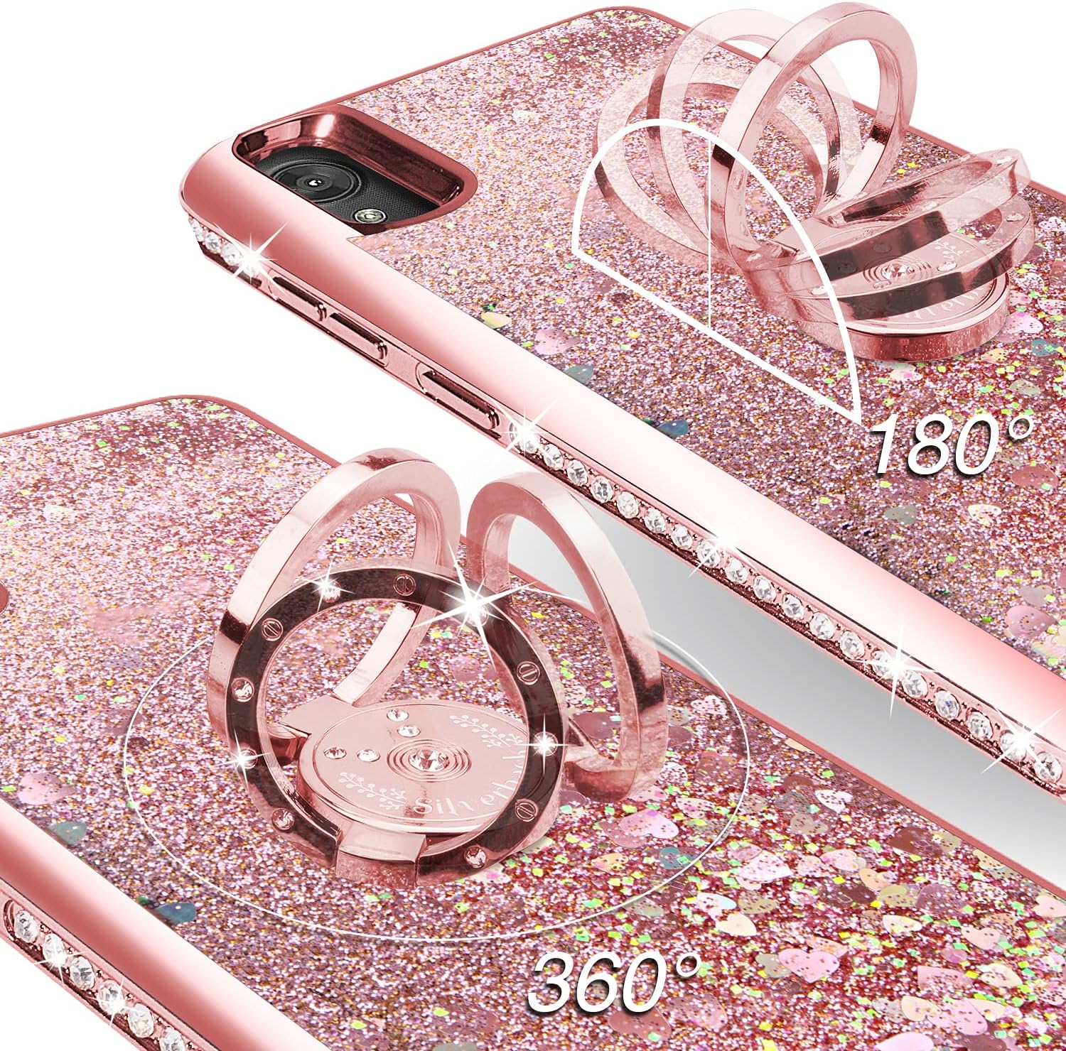 Silverback Moto E6 Case, Moving Liquid Holographic Sparkle Glitter Case with Kickstand, Bling Bumper with Ring Stand Slim Motorola Moto E6 Case for Girls Women -Rose Gold