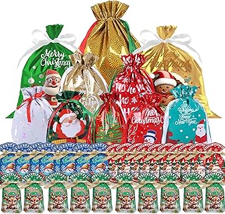 40pcs Christmas Drawstring Gift Bags,Reusable Foil Tie Bag for Presents,Xmas Pull String Foil Bags,Large Medium Small Christmas Wrapping Bags,13 Design Drawstring Bags for Xmas Party,Presents,Holiday