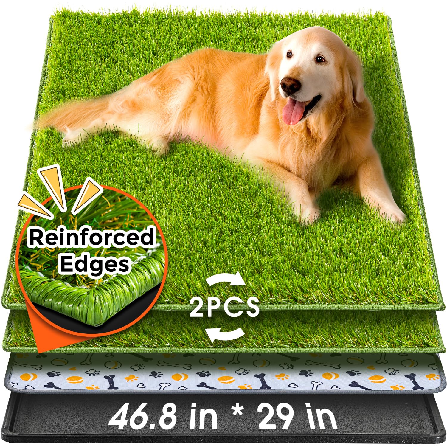 Hompet Dog Grass Pad with Tray Large, 46.8"x29", 2 Reusable Artificial Turf for Dogs Potty, Waterproof Non-Slip Washable Pee Pads, Quickly Absorbency
