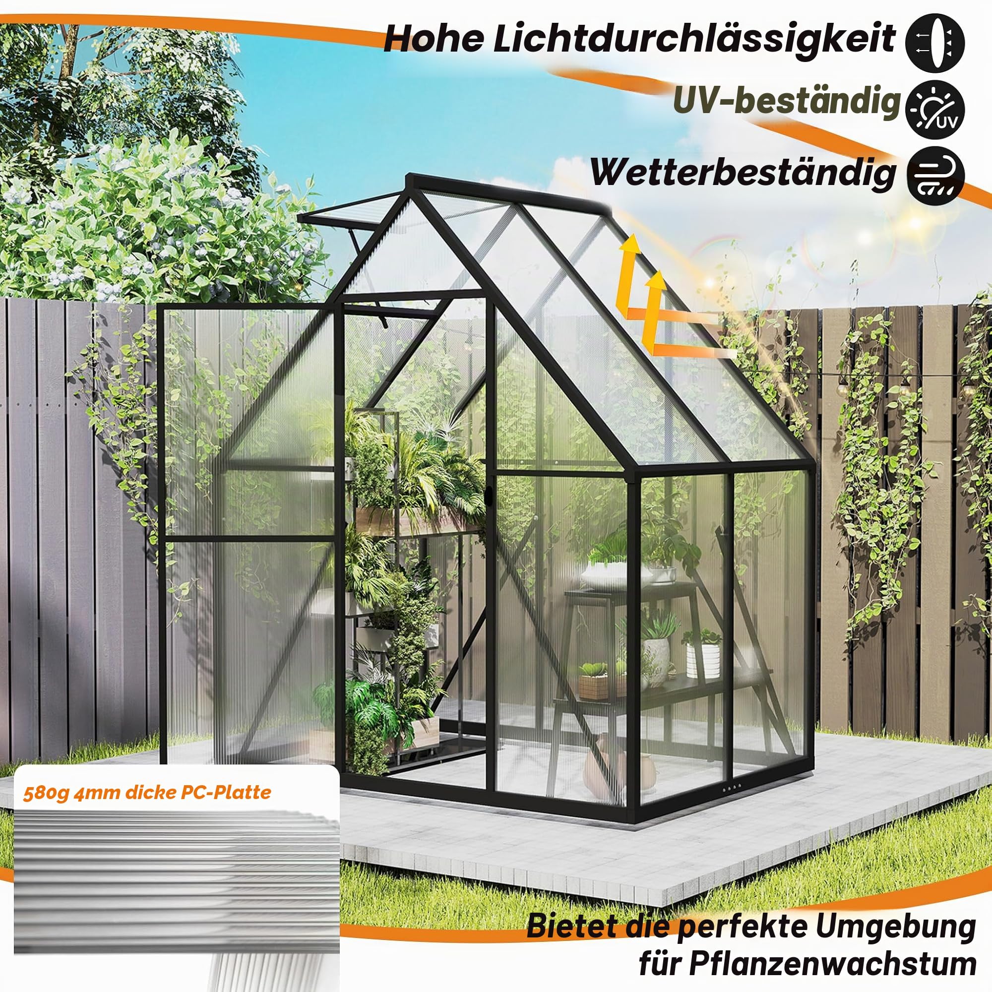 UISEBRT Gewächshaus Treibhaus für Garten Tomatenhaus mit Fundament Frühbeet Pflanzenhaus mit Fenster & Wetterfestem Hohlkammerplatten Gartengewächshäuser 125x180x195cm UV- & Frostgeschützt