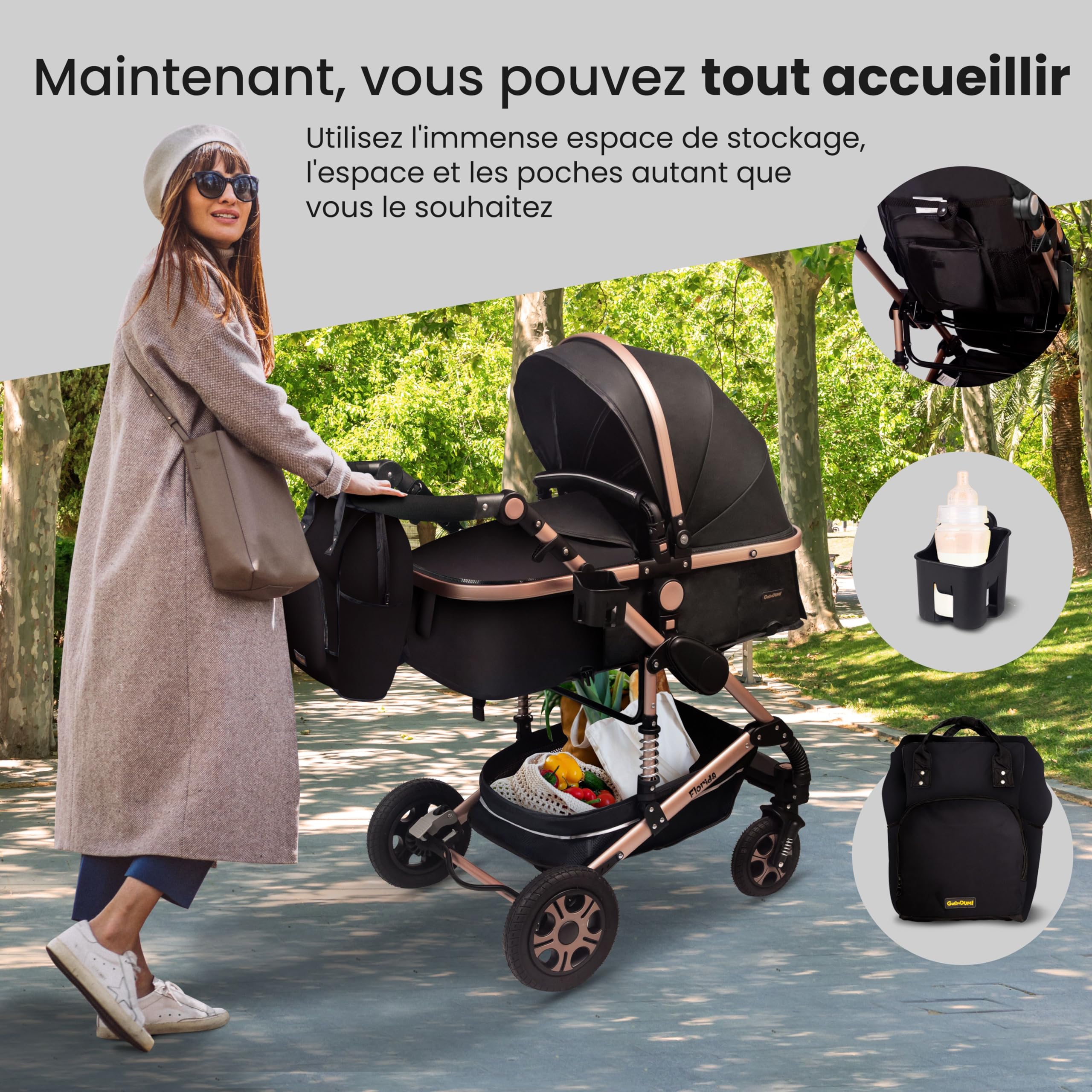 GaGaDumi Florida poussette 3 en 1 set complet avec siège auto - Baby Stroller 3en1 TÜV - poussette combinée 3 en 1 set complet pneus pleins en caoutchouc - sac à langer Noir/Noir