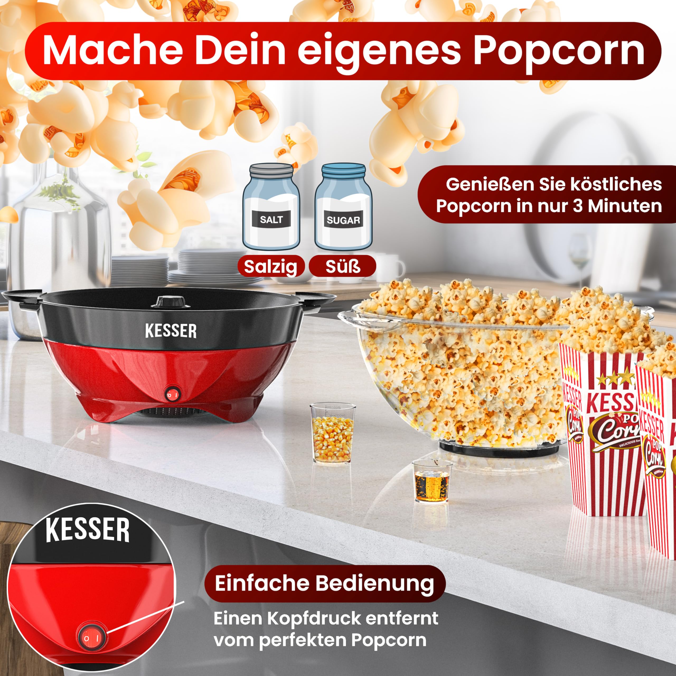 KESSER® Popcornmaschine Groß 800W | Popcorn-Maker 5,5l Inhalt mit Antihaftbeschichtung Deckel & Servierschale | für Öl Butter Zucker Stille & Schnelle inkl. Mess-&Popcornbecher abnehmbarer Heizfläche