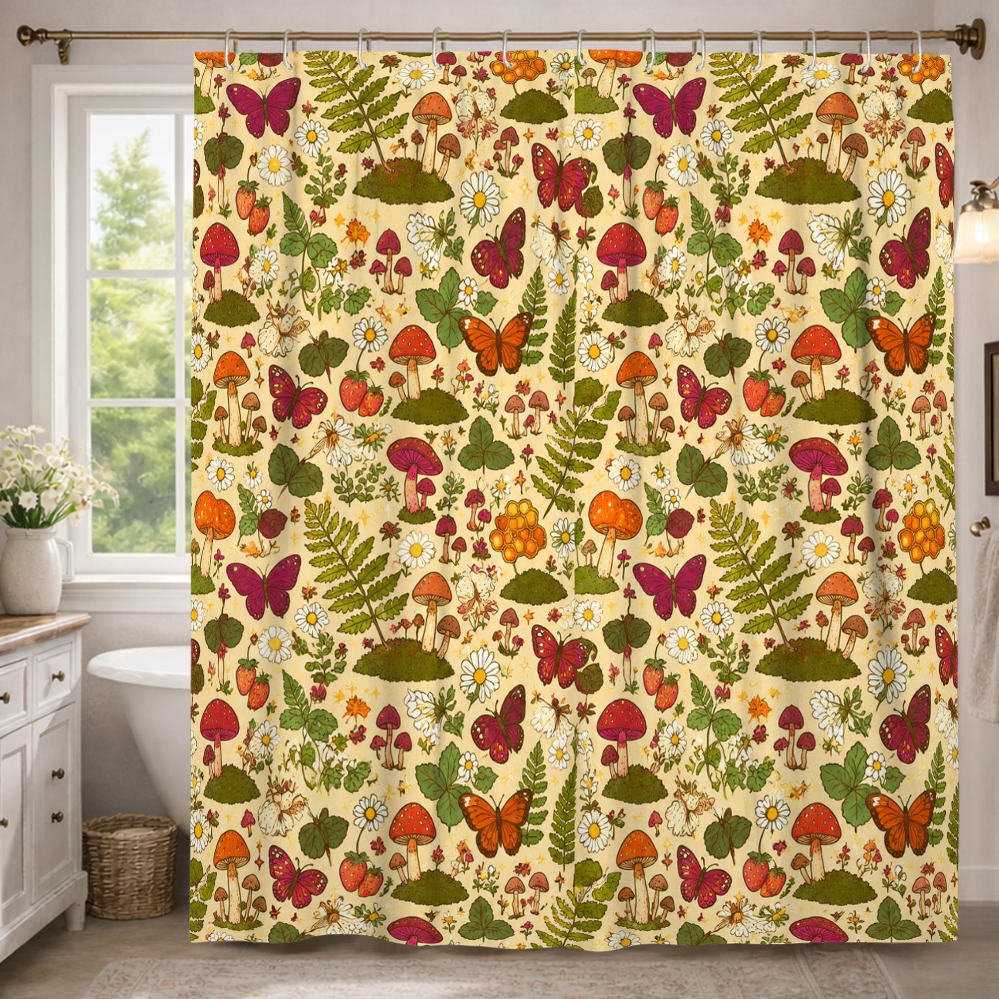 Rideau de douche extra long 183x243cm imperméable vert à motif papillon et champignon pour baignoire