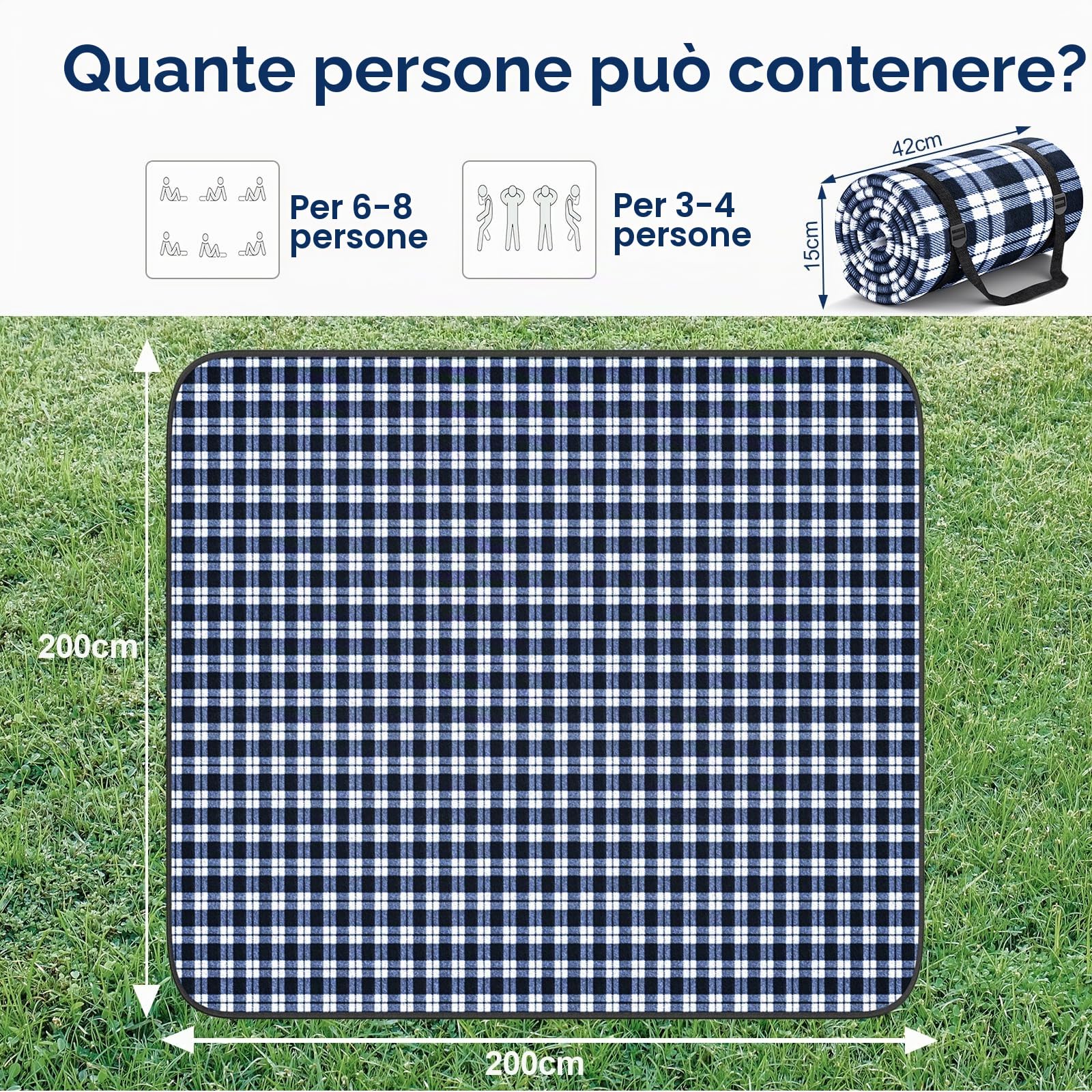 Coperta da Picnic Impermeabile Antisabbia 200x200cm Portatile Pieghevole con Tracolla