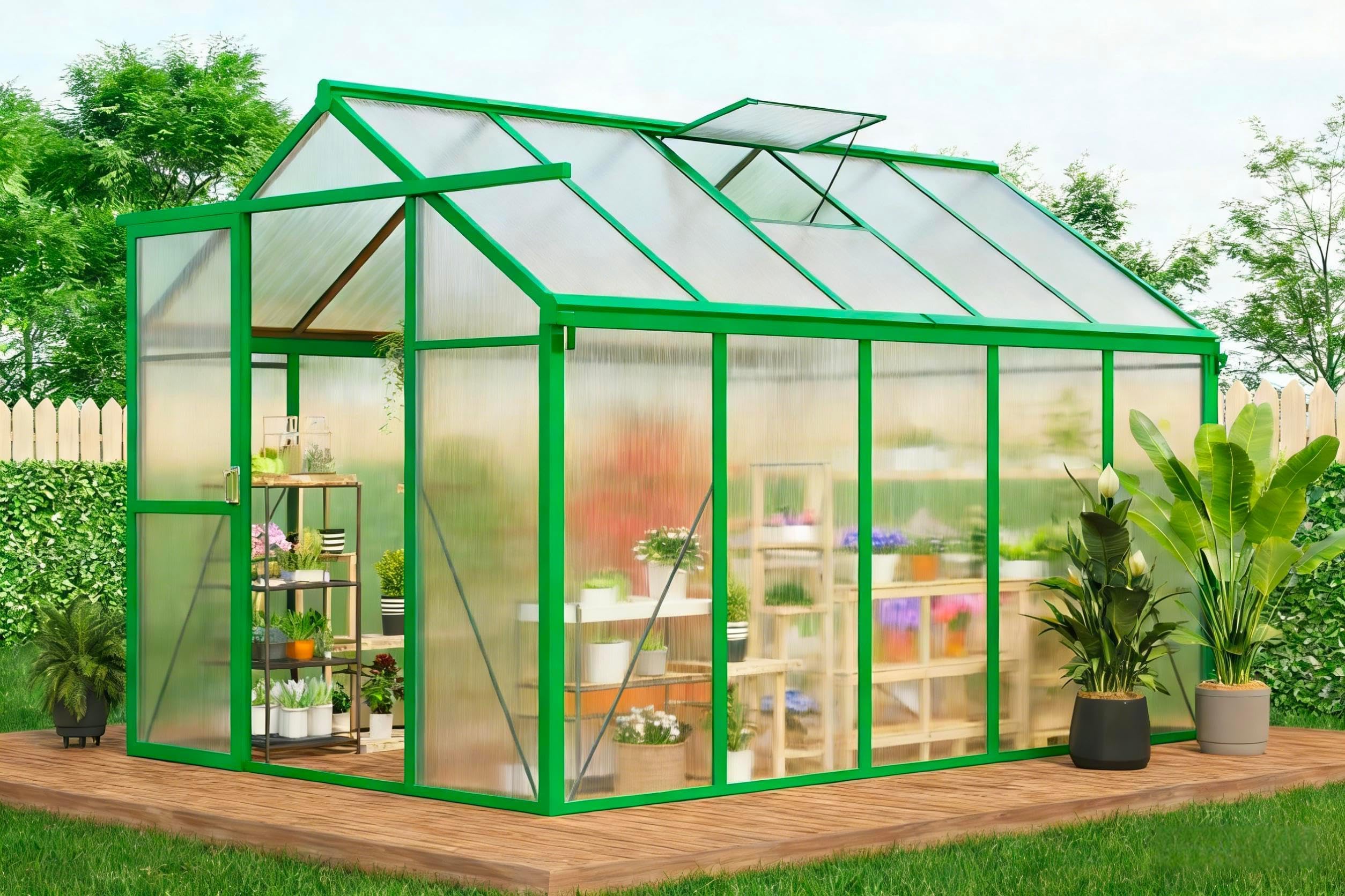Garvee Invernadero De 6x10 Pies para Exterior – Marco De Aluminio y Policarbonato con Ventilación Ajustable, Jardín y Patio, con Mango – Verde