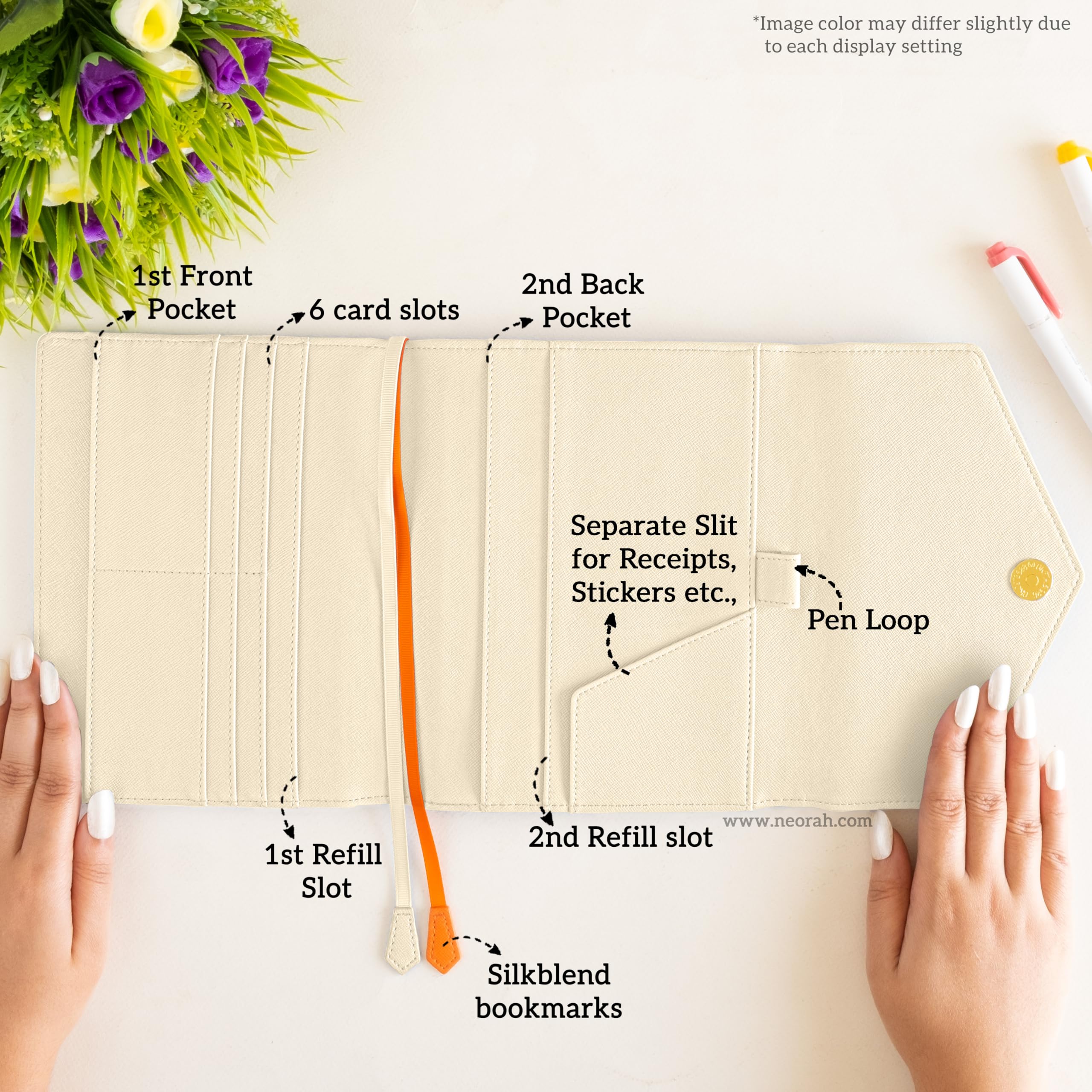 NEORAH — B6 Notebook Sleeve con chiusura a busta + Dotgrid JOURNAL | Custodia in ecopelle + passante per penna | Segnalibri | Tasca anteriore e posteriore | 6 slot per schede -AFTERGLOW
